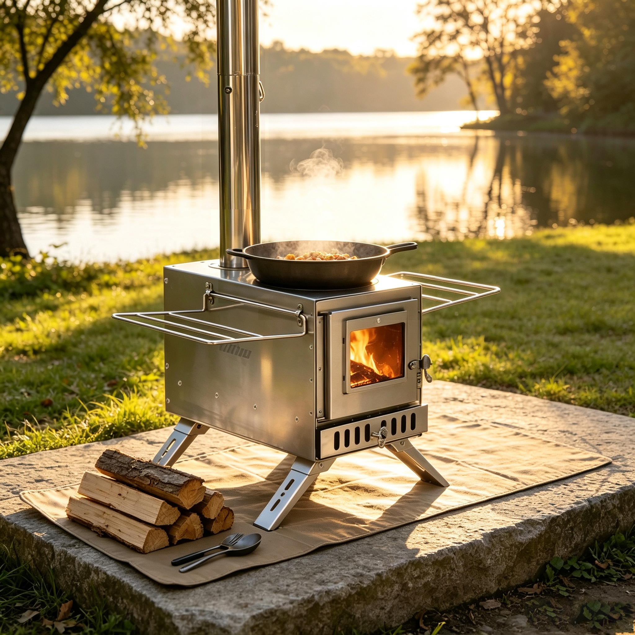 Image of Portable Camping Wood Stove With Chimney Pipes And Fire Viewing Window, Suitable For , Outdoor Picnics, Hiking, Exploration, And Backyard Wood Burning