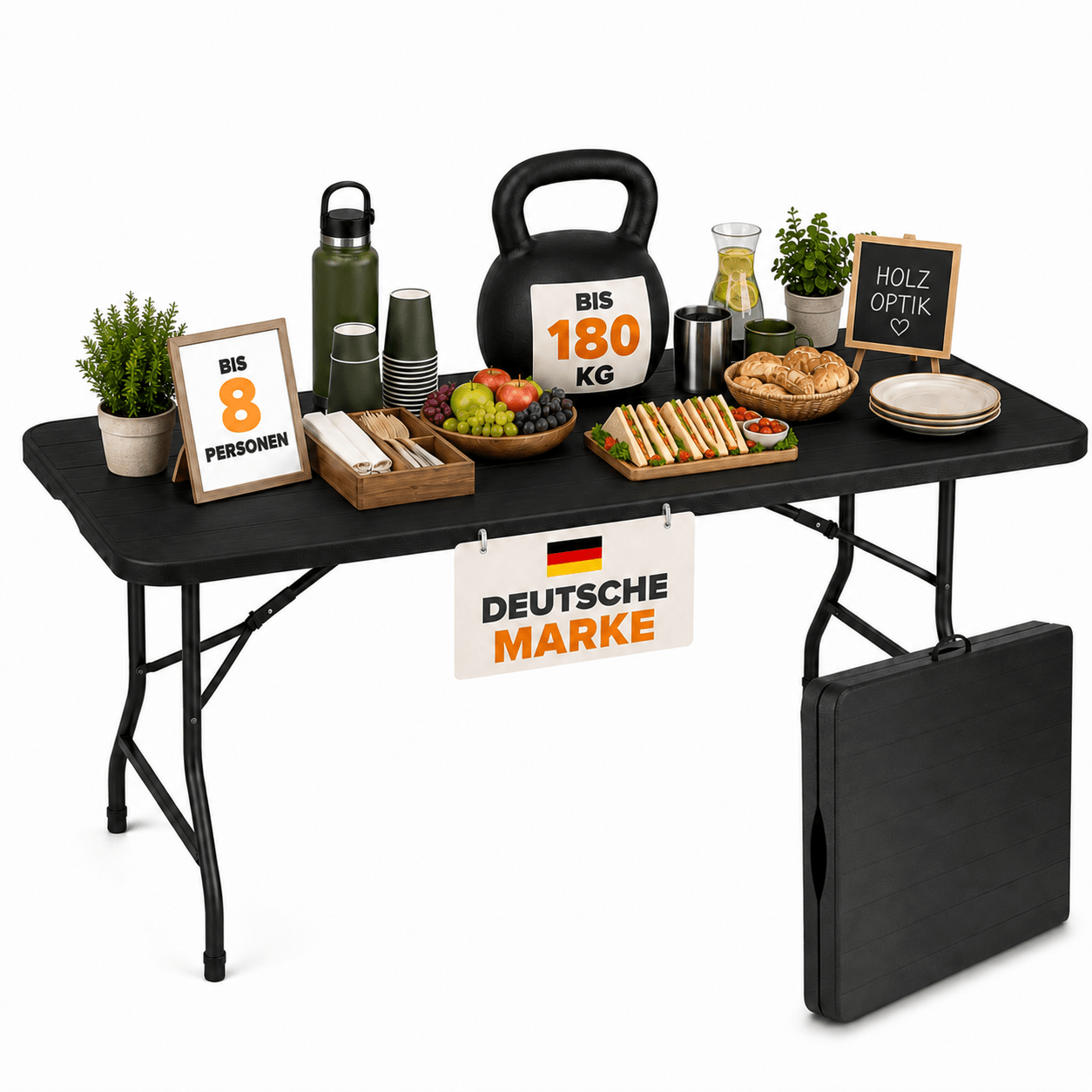 Image of Folding Table 180 X 74 X 74 Cm In Wood Look – Camping Table And Buffet Table, Supports Up To 180 Kg, Aluminum Frame, Non-slip Feet, With Carrying Handle, Weatherproof, Pre-assembled