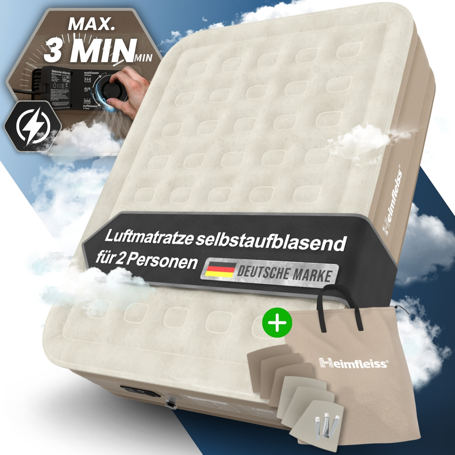 Homemade® Self-inflating Air Mattress 100x200 / 150x200cm, Beige/grey/black - Up To 300kg, Anti-leakage Valve, Pump 453l/min | Air Bed, Guest Bed | Camping