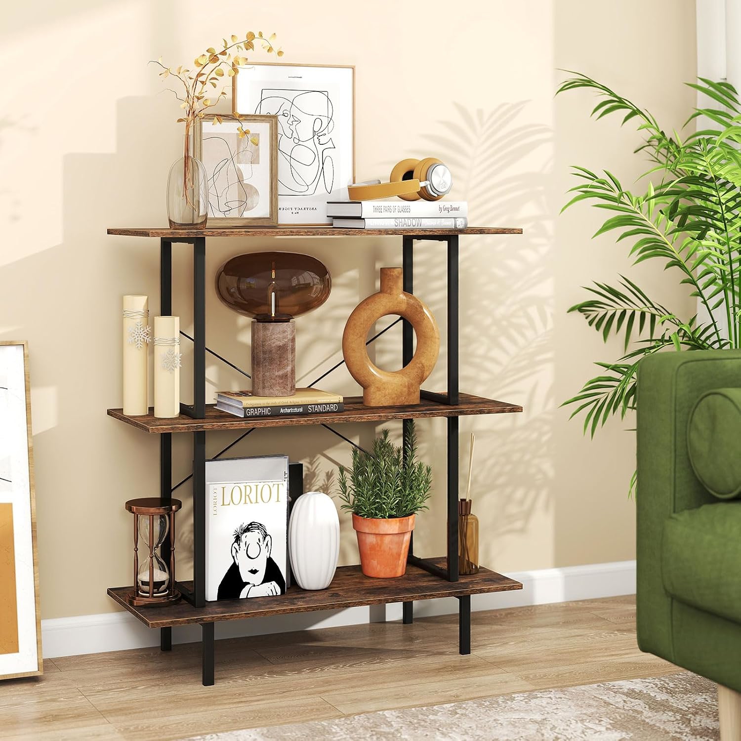 Image of 3-tier Bookshelf, Industrial Bookcase W/ Open Shelves, Corner Display Shelf W/ Heavy Duty Metal Frame, Floor Standing Storage Rack For Living Room, Bedroom, Study, Home Office, Rustic