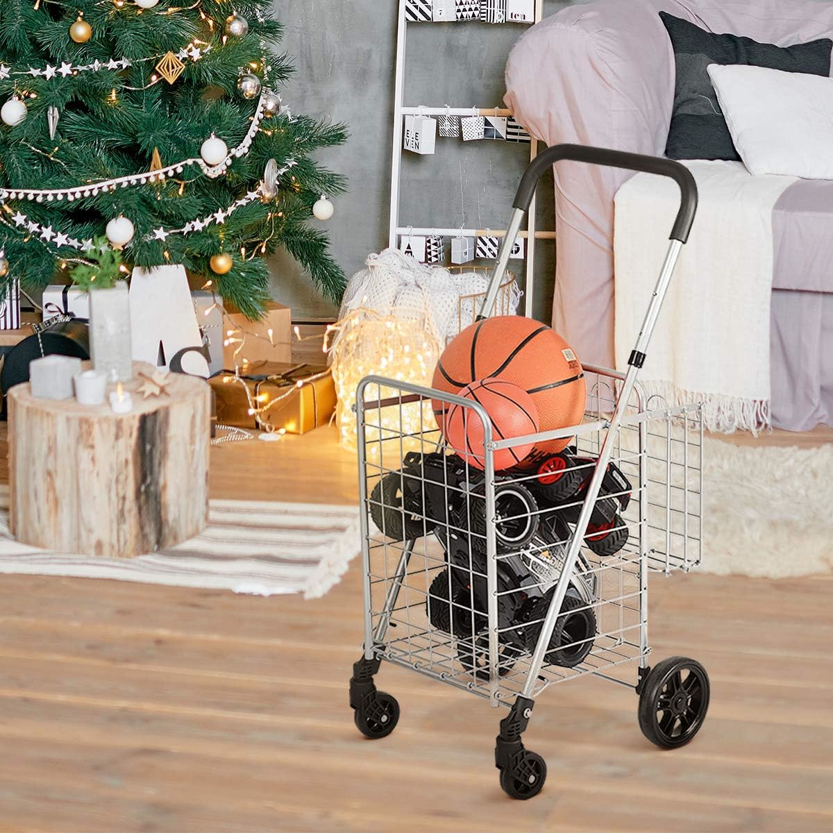 Image of Folding Shopping Trolley, Shopping Trolley With Adjustable Handle & 4 Universal Wheels, Trolley With 2 Compartments For Supermarket & Shop, (silver)