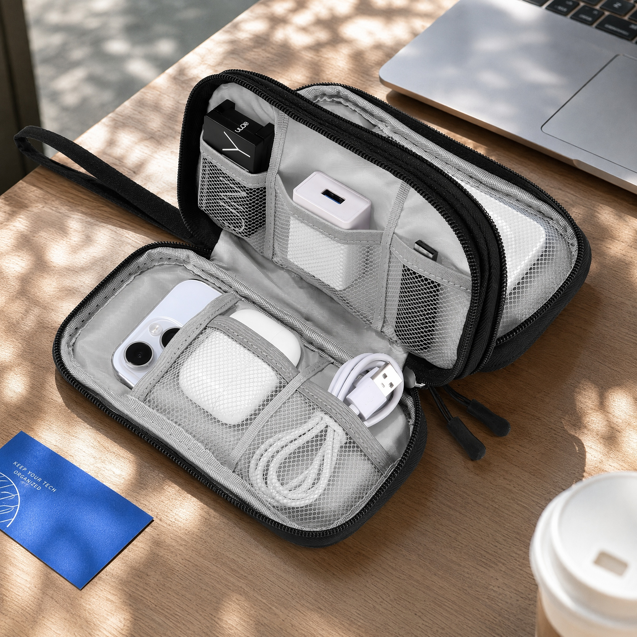 Image of Double‑layer Electronic Organizer Travel Case, Anti‑ Gadget Storage Bag With Wrist Strap, Portable Cable Pouch For Charger, Cords, Power Bank, Earphones, Phone Accessories