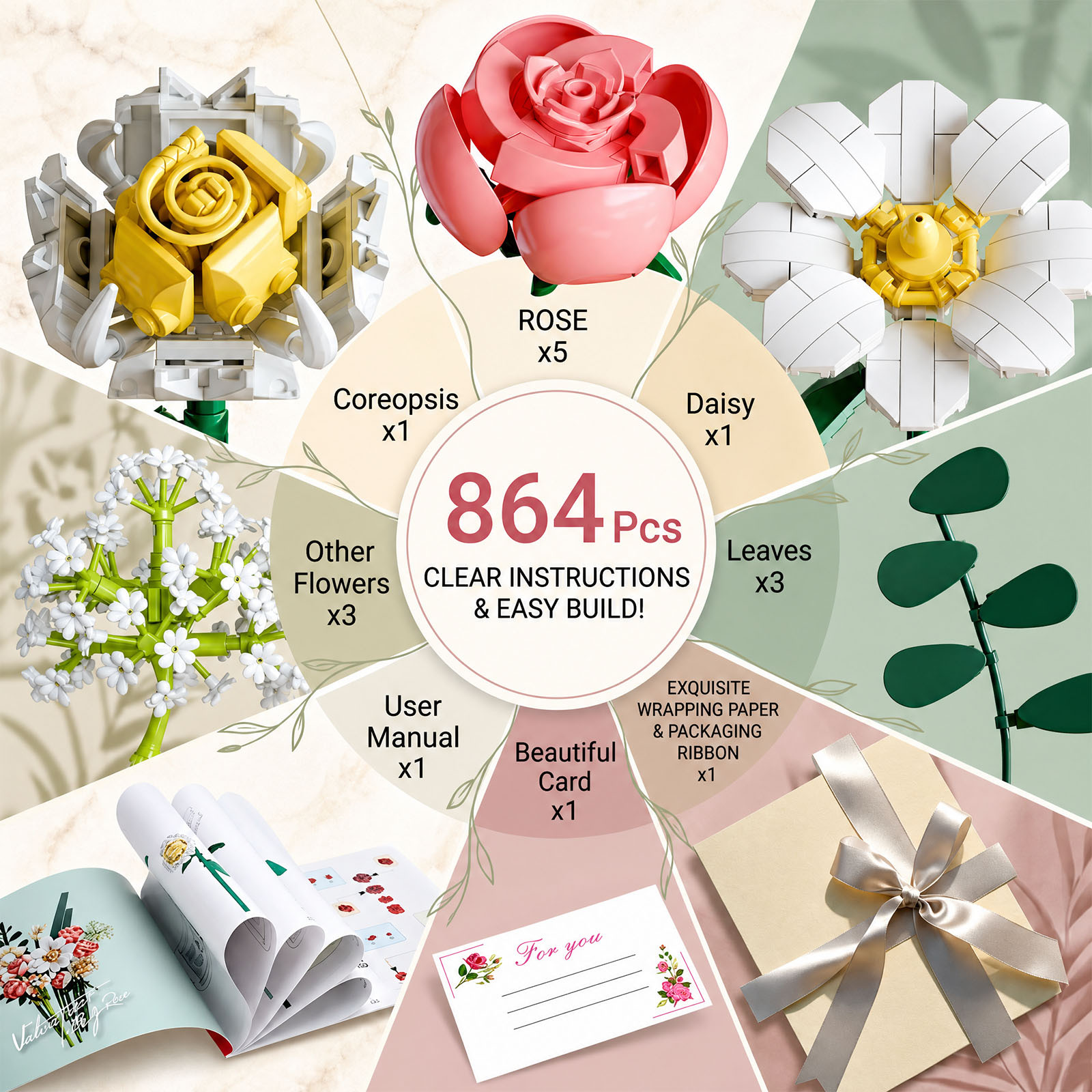 864 Pieces 3D Wooden Flower Bouquet Puzzle Kit
