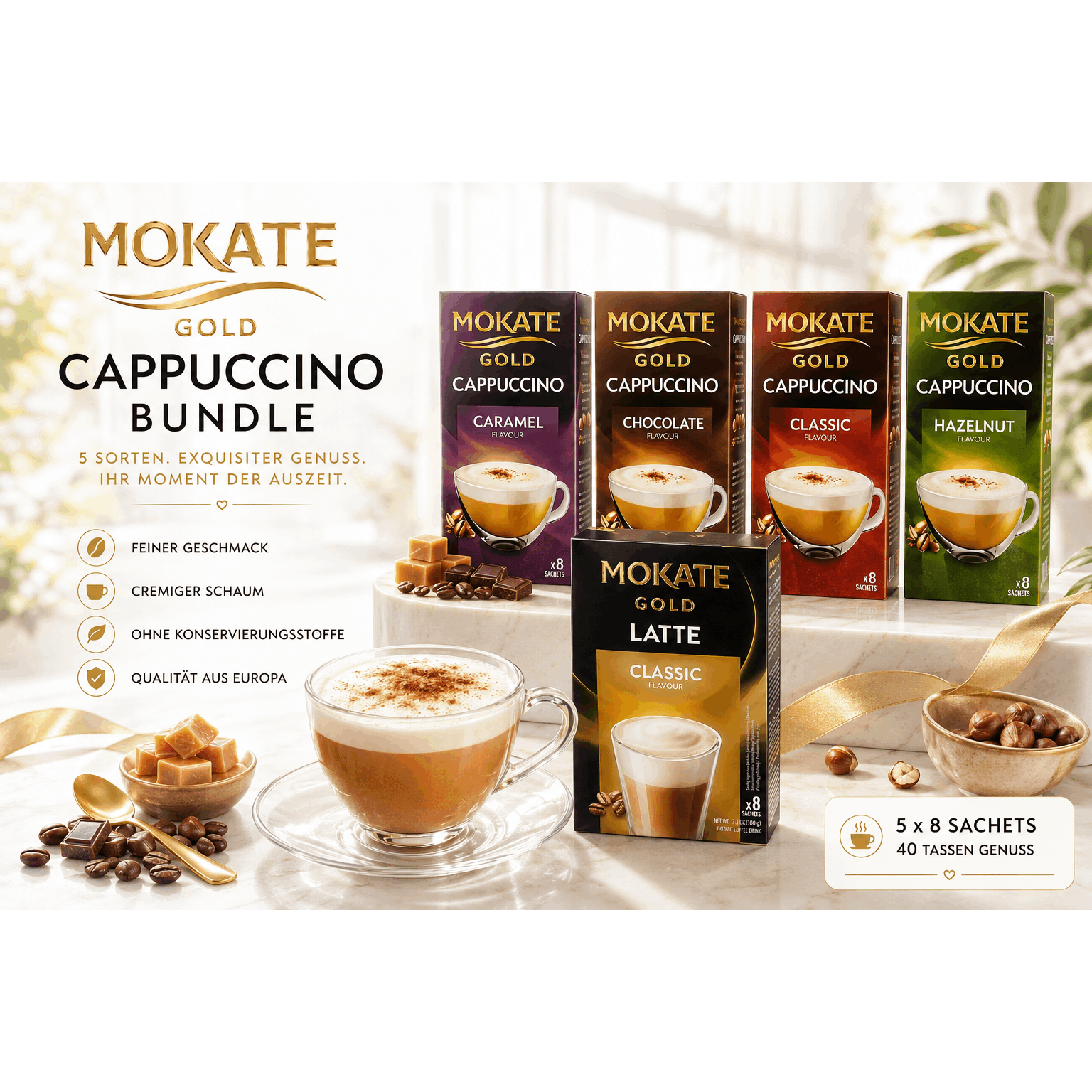Mokate Gold Cappuccino & Latte Bundle – 5 Flavors, 40 Sachets, Instant Coffee, Creamy Milk Foam, Trial Pack, Coffee Gift