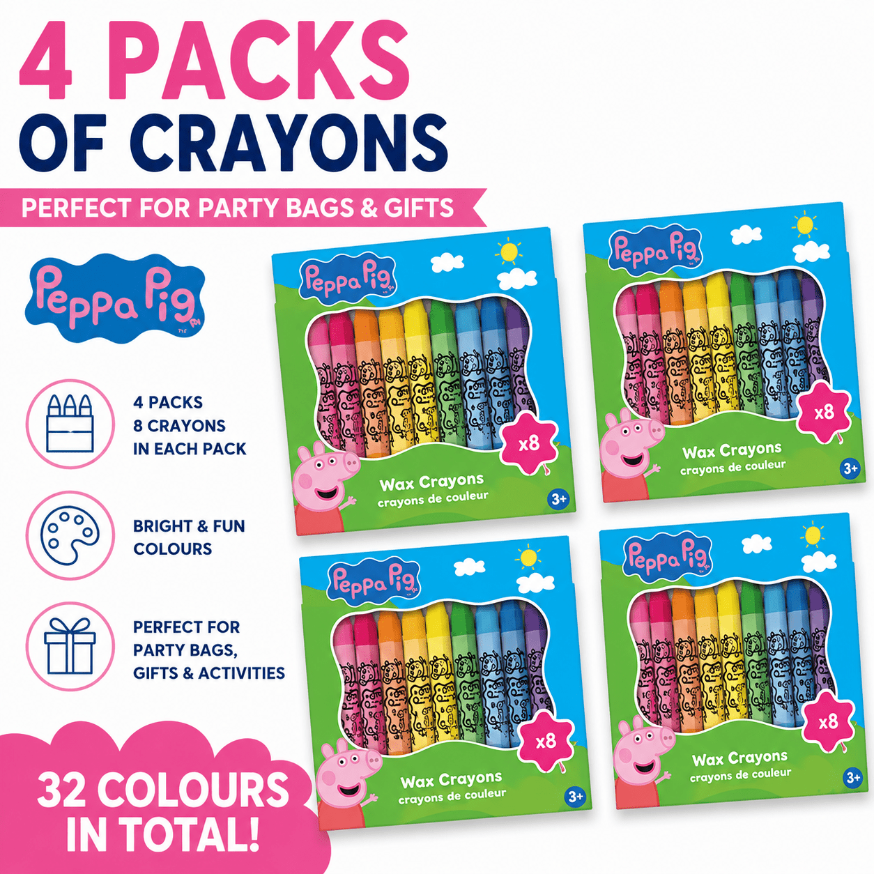 TEMU Official Pig – 4 Packs Of 8 Crayons – 16 Colouring Crayons Total – Kids Party Bag Favours & Birthday Gifts