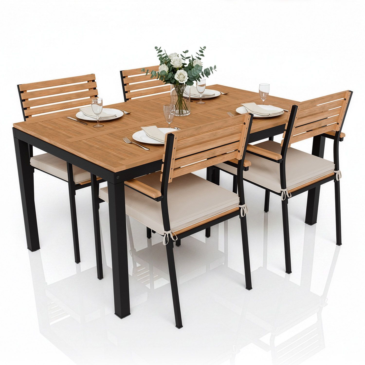 Image of Acacia Wood Garden Set Table, 4 Chairs & Cushions Wooden Garden Furniture Set 5 Pieces Balcony Furniture Outdoor Furniture Nature & Black
