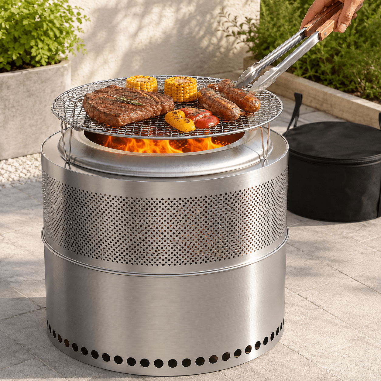 Image of 20-inch Portable Smokeless Fire Pit With Removable Grill & Carry Bag, 2-in-1 304 Stainless Steel Wood Burning Fire Pit, 360° Airflow Outdoor Fireplace For Camping, Patio, Garden, Bbq & Bonfire