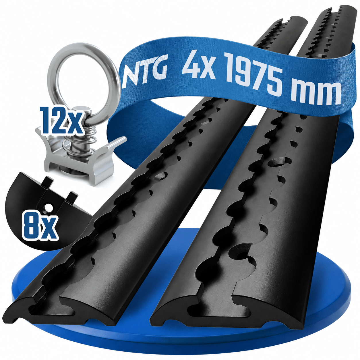 Black Anodized Semi-circular Airline Rail, 4x 2m, 12x Fittings + 8x End Caps, Tüv Certified