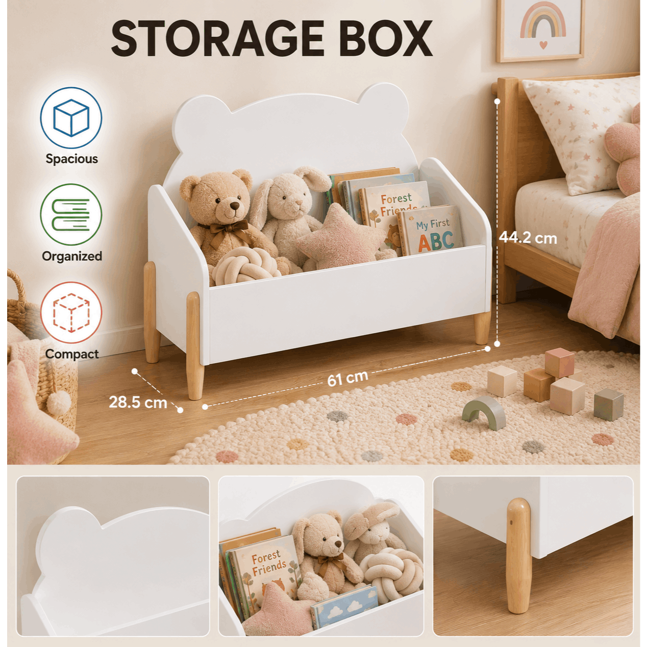TEMU Banc Coffre à Jouets Enfant Blanc, Design Ourson, L 61 x cm - Meuble de Rangement pour Chambre