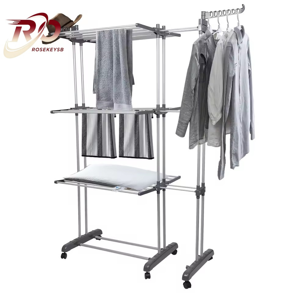 TEMU Tendedero plegable de 3 niveles giratorio 360° con ruedas – Secador de metal para ropa, toallas, calcetines y zapatos que ahorra