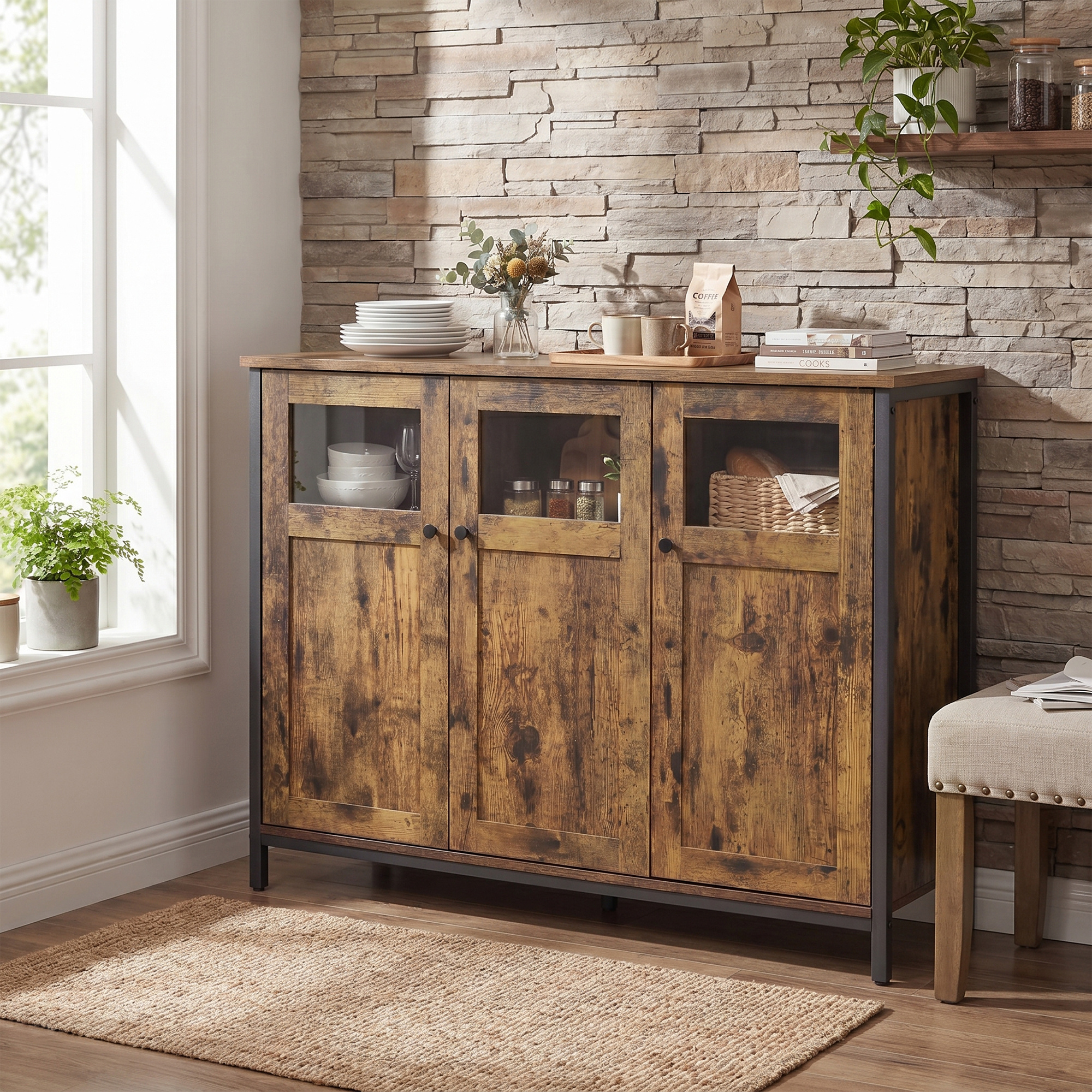 TEMU Industrial 3-door Sideboard Storage Cabinet, 100 X 35 X 75 Cm, Tan And Black
