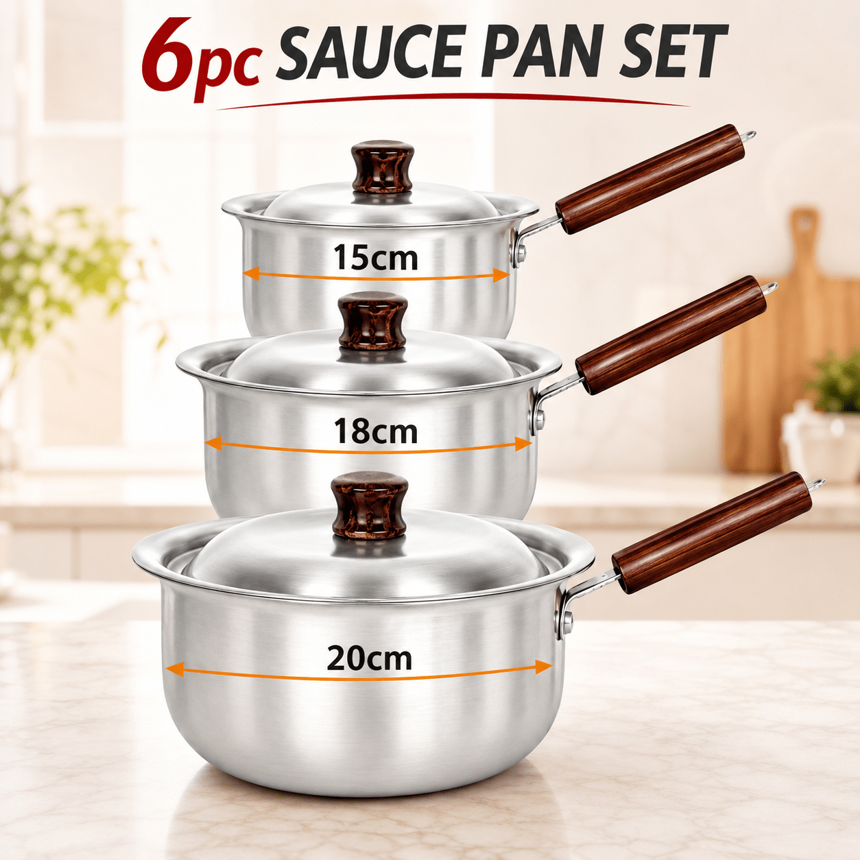 TEMU 6pcs Saucepan Set With Lids (15cm, 18cm, 20cm) – Stainless Steel Cooking Pots With Wooden Handles – Compatible With Gas, Electric, Ceramic &