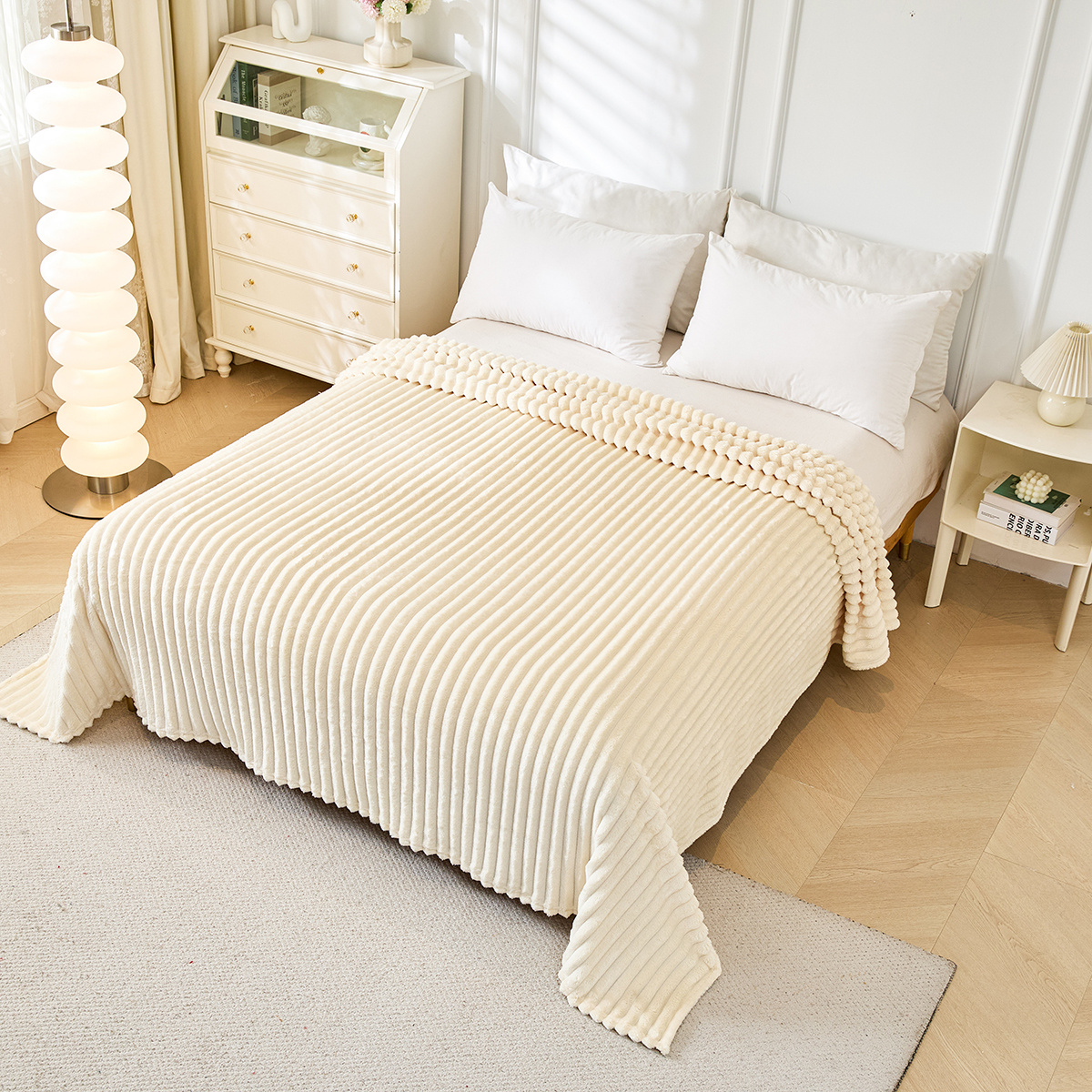 TEMU de Térmica con Relieve de Rayas, Cobija de Peluche 100% Poliéster para Sofá, Cama y Mantas de Viaje Suaves