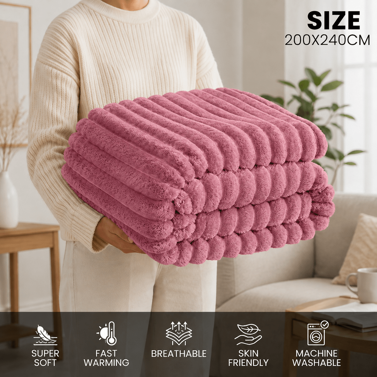 TEMU Gc Luxuriously Ribbed Throw, Soft Plush Fleece Blanket, Lightweight And Cosy Sofa Bed Throw, 200x240cm, Polyester Decorative Throw For | Fast