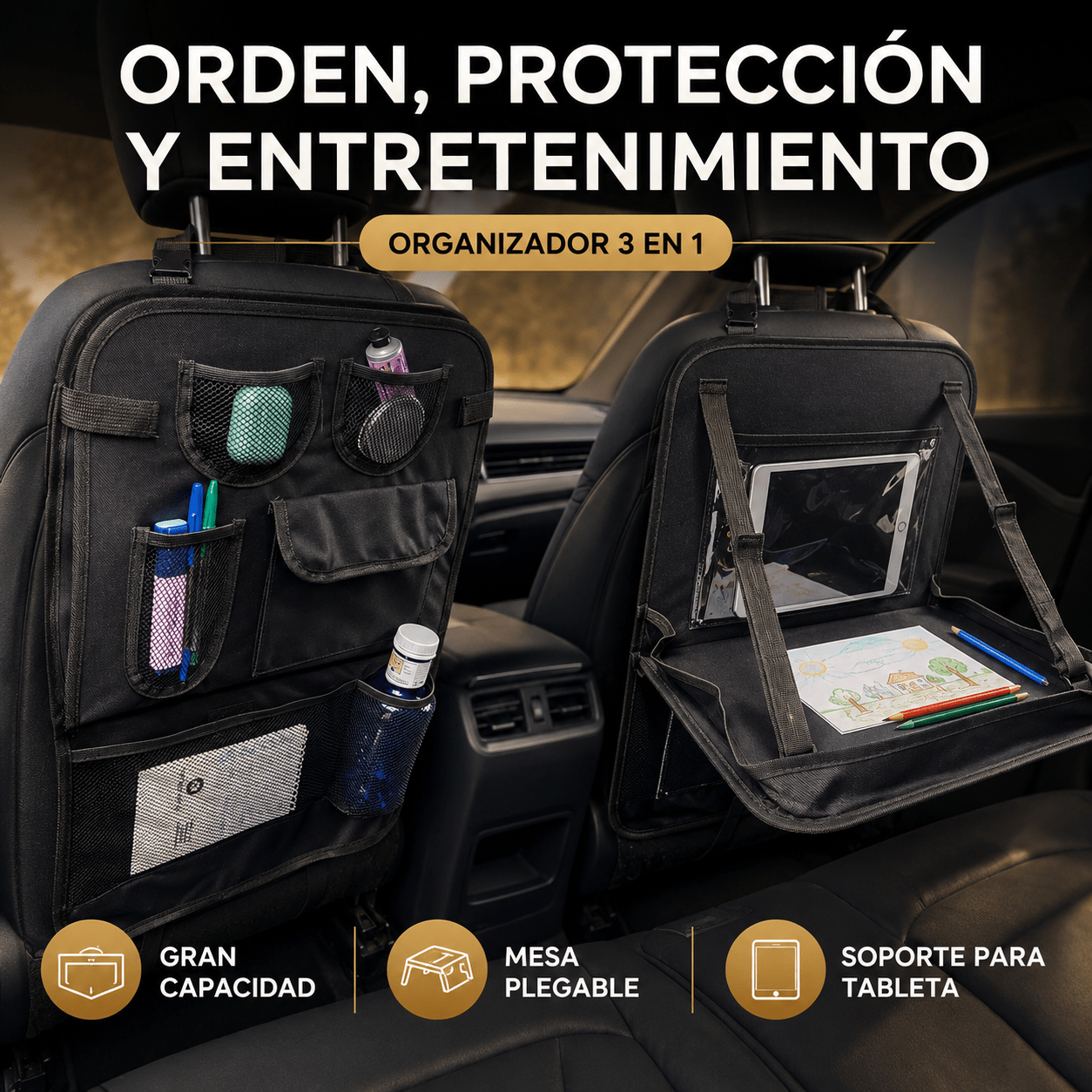 TEMU Organizador multifuncional para asiento trasero de coche con mesa plegable/soporte para tableta/protector antipatadas, gran capacidad con