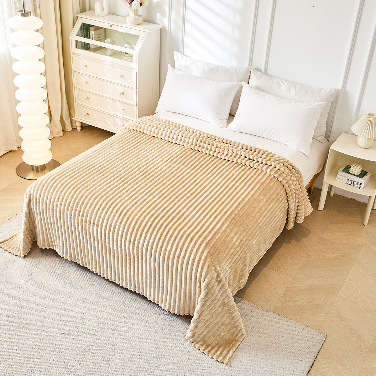 TEMU de Térmica con Relieve de Rayas, Cobija de Peluche 100% Poliéster para Sofá, Cama y Mantas de Viaje Suaves