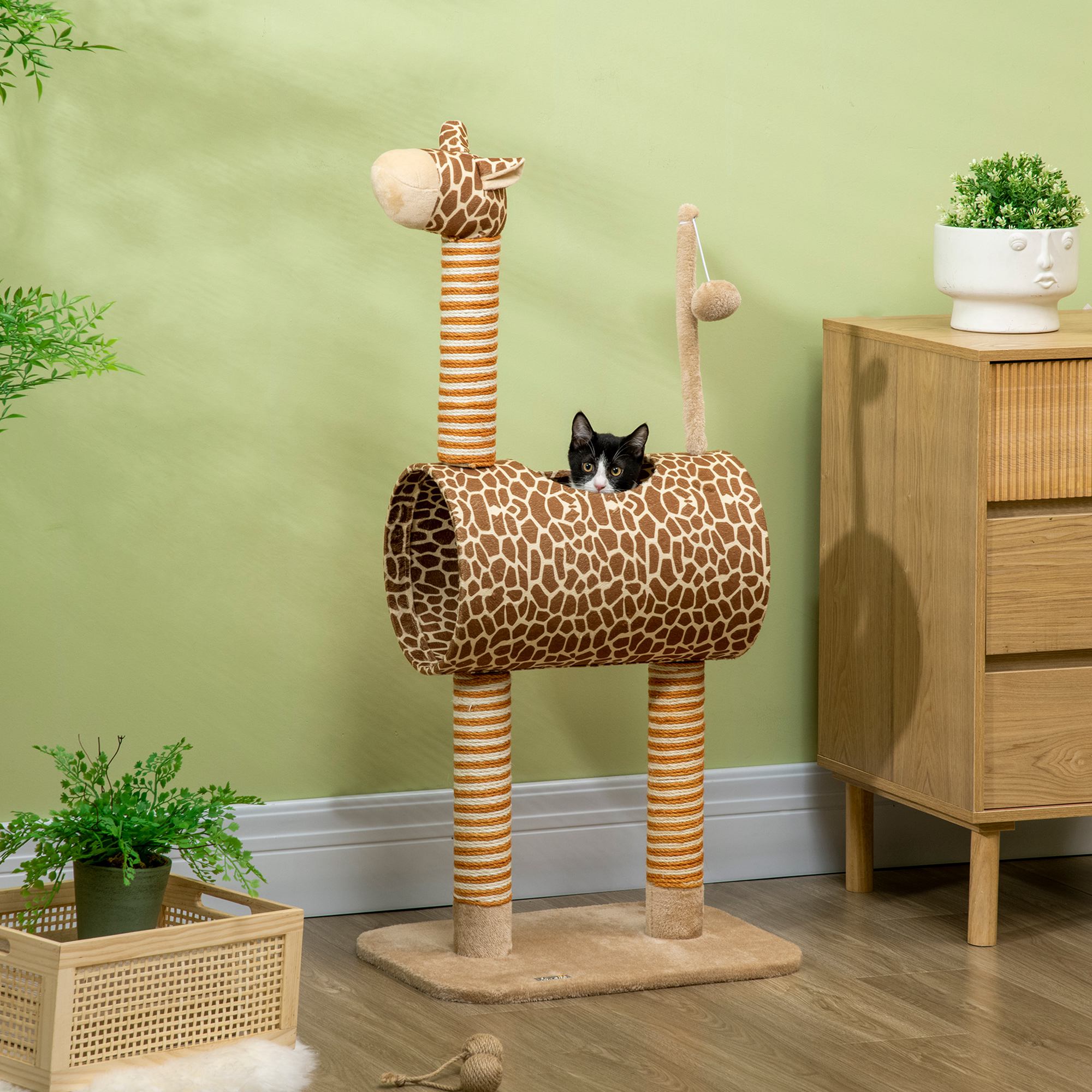 Image of Cat Tower Scratching Post 101 Cm In Giraffe Design, With Cave, Play Ball, Jute Logs, Cat Scratching Tree, Climbing Tree, For Medium-sized Cats Up To 5 Kg, Beige