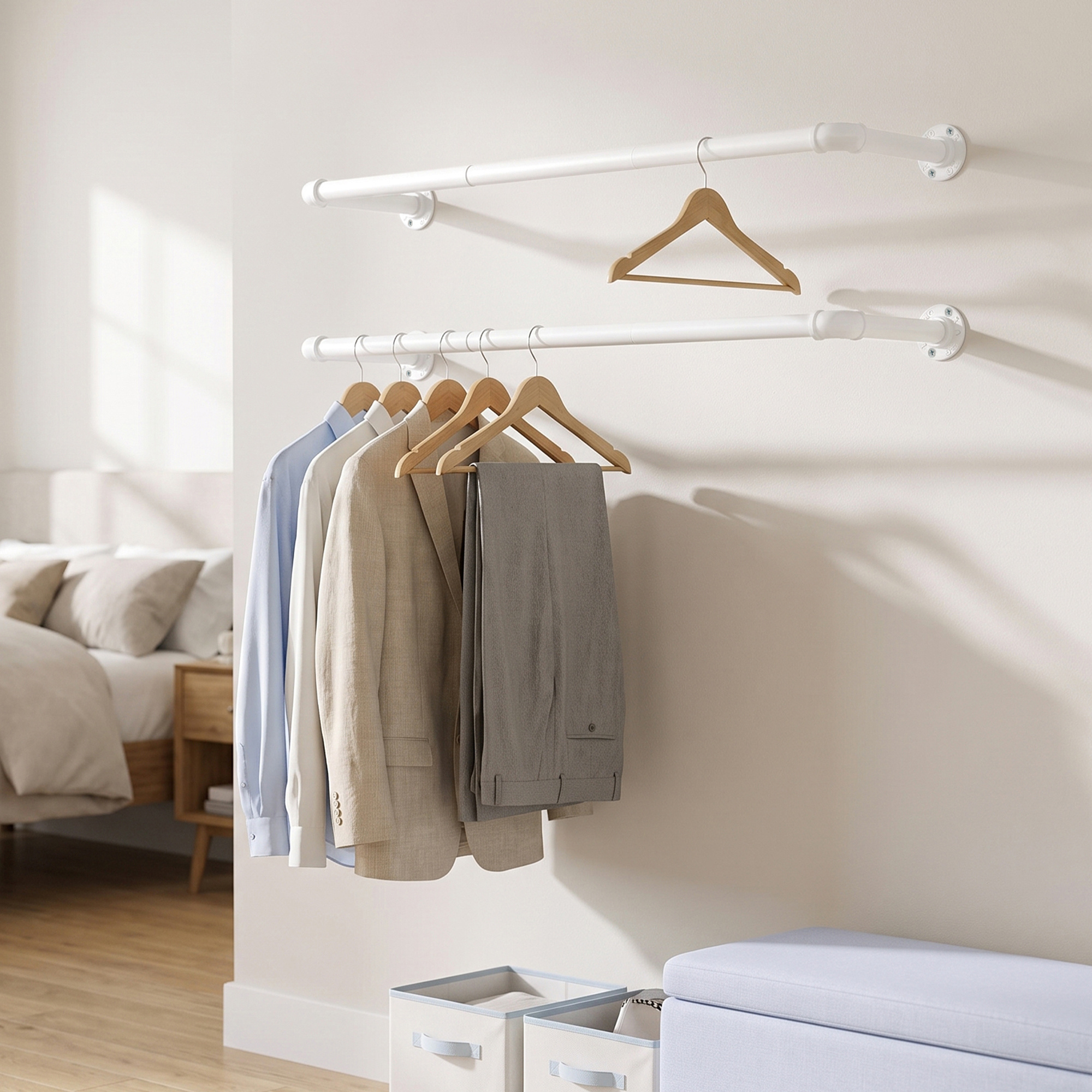 Image of Wall-mounted Clothes Rail Set Of 2, Sturdy Rack In , 92 X 30 X 7 Cm, White