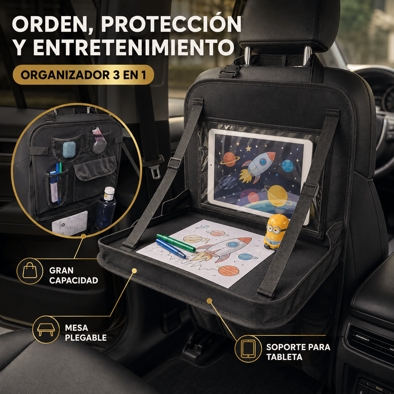 TEMU Organizador multifuncional para asiento trasero de coche con mesa plegable/soporte para tableta/protector antipatadas, gran capacidad con