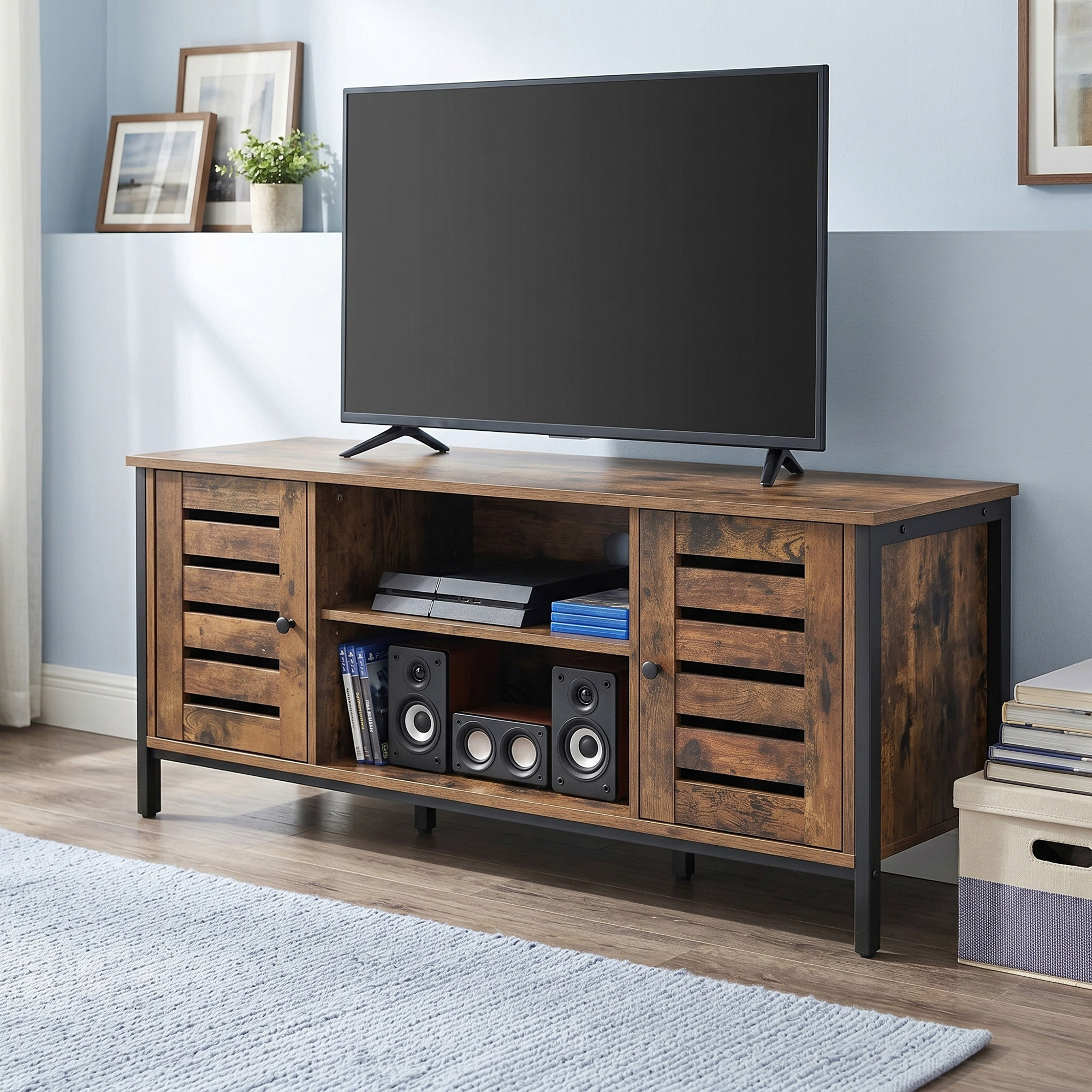 TEMU Tv Cabinet With 2 Compartments And 2 Shelves, With Doors, Rustic Style, Brown And Black