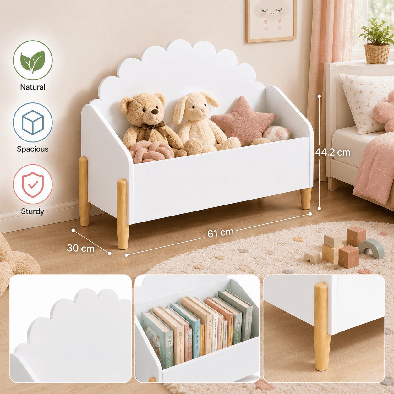 TEMU Coffre de Rangement Ouvert Blanc avec Pieds en Bois Naturel – Meuble de Rangement Décoratif Motif Nuage – 61 x 44,2 cm