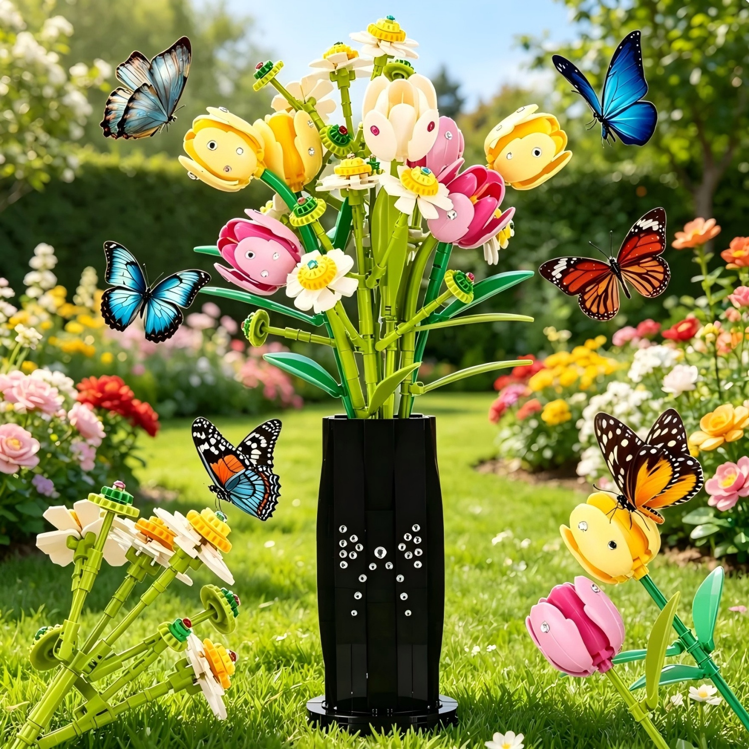 Image of 1250pcs Tulip Bouquet Building Block Set, Diy Artificial Flower Model With Vase For Home Decoration Holiday Gift