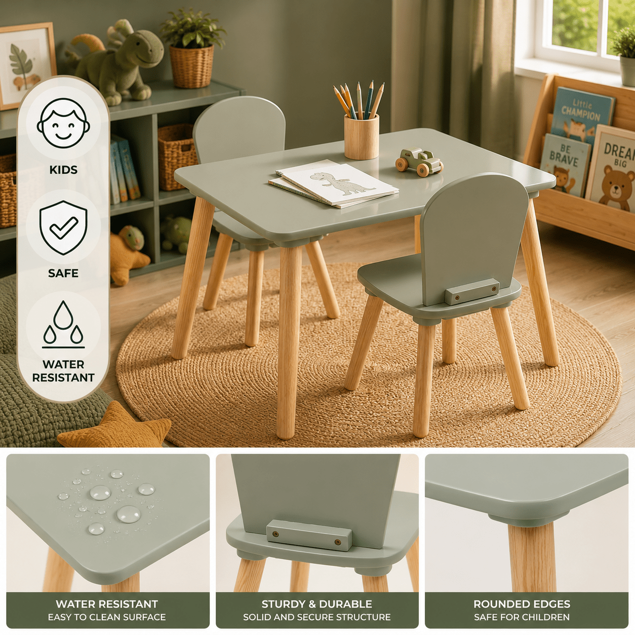 TEMU Ensemble Table et 2 Chaises Enfant Vert – Table d’Activités 3 Pièces avec Plateau à l’Eau – Mobilier Enfant pour Chambre et Salle de Jeux – Bois