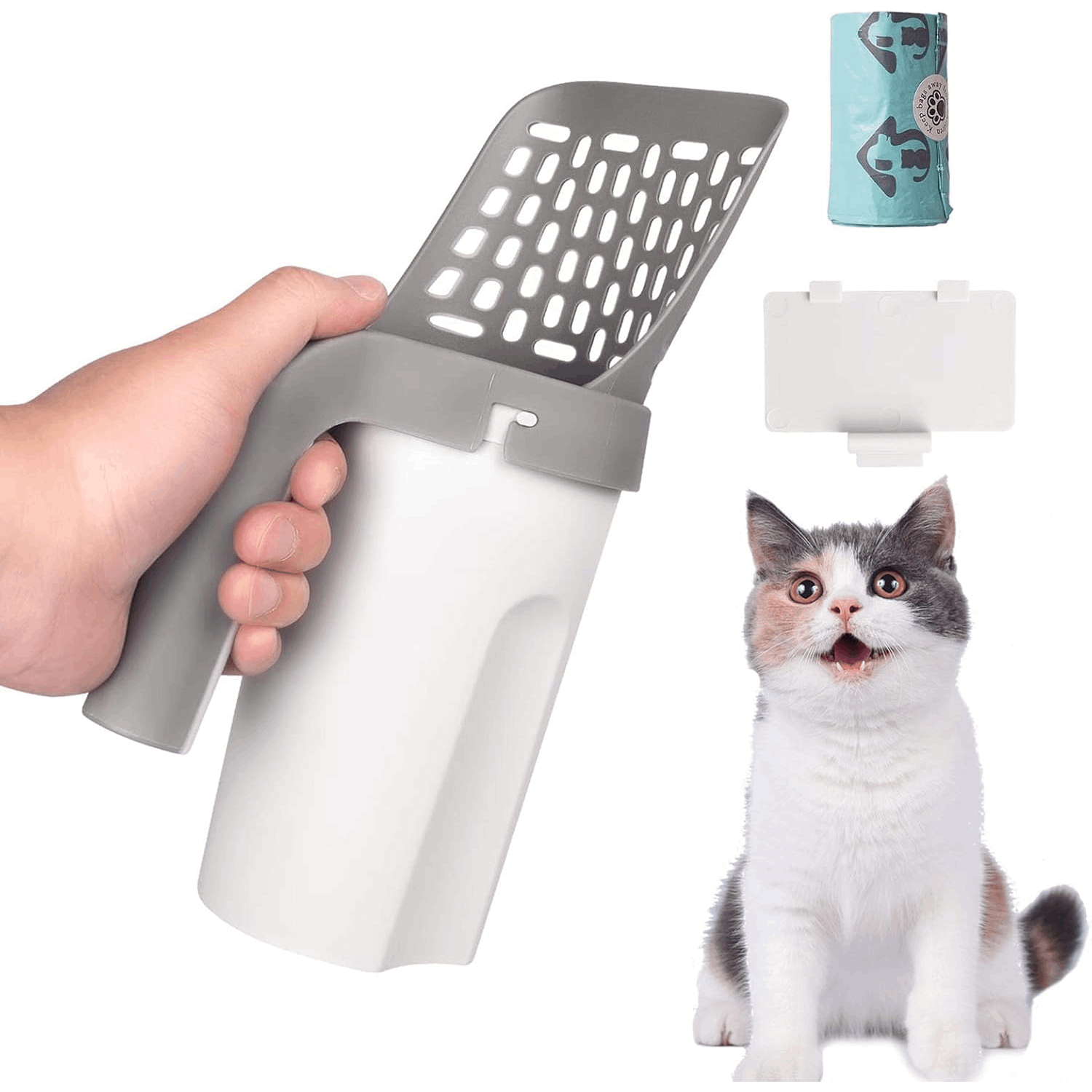Image of One-piece Cat , As A Scoop And Waste Bin, Practical Cat Litter Box Cleaning, Suitable For Tofu, , Mineral, And Mixed , Includes Storage For Waste Bags, Made Of Durable Pp Plastic