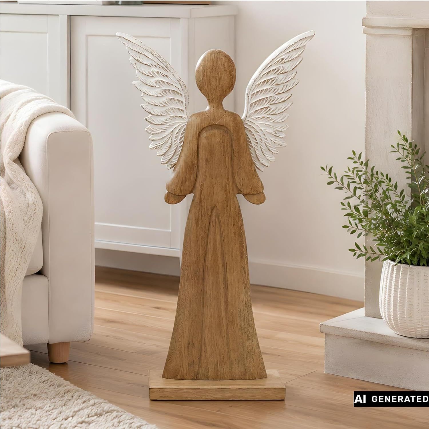 Image of Guardian Figurine, 83 Cm Tall, Mango Wood With White/gold Metal Wings, Decorative Wooden Statue