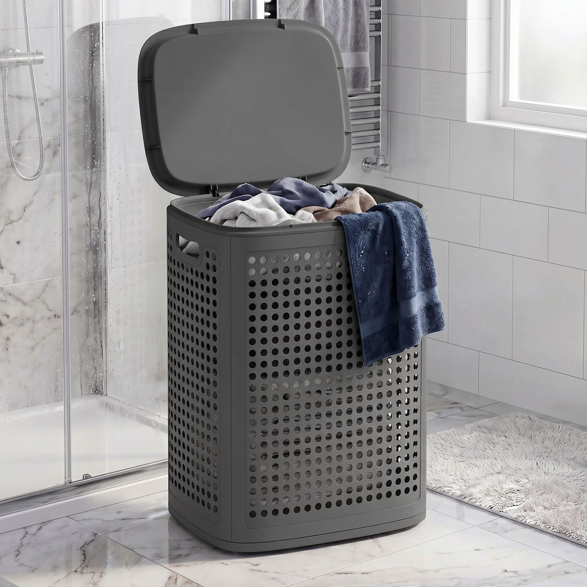 Image of Laundry Basket Plastic, 75 L Laundry Collector, With Lid, Narrow Laundry Bin For Bathroom, Laundry Kitchen
