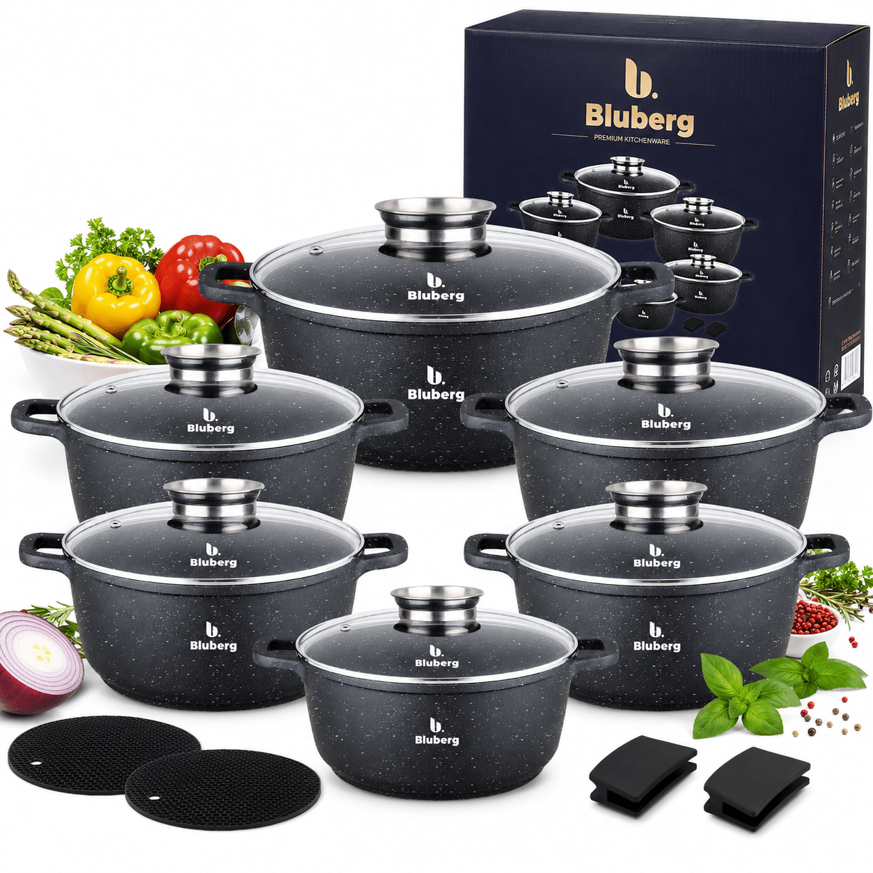 Image of Marble Kitchen Pot Set 16pcs. | Pots Ø16 Ø20 Ø20 Ø22 Ø24 Ø28 | Cooking Pot Set | Pots | For Induction | For Gas | Kitchen Pot | Marble Coating | Lids | Pots Ideal As A Gift | Bb-2912