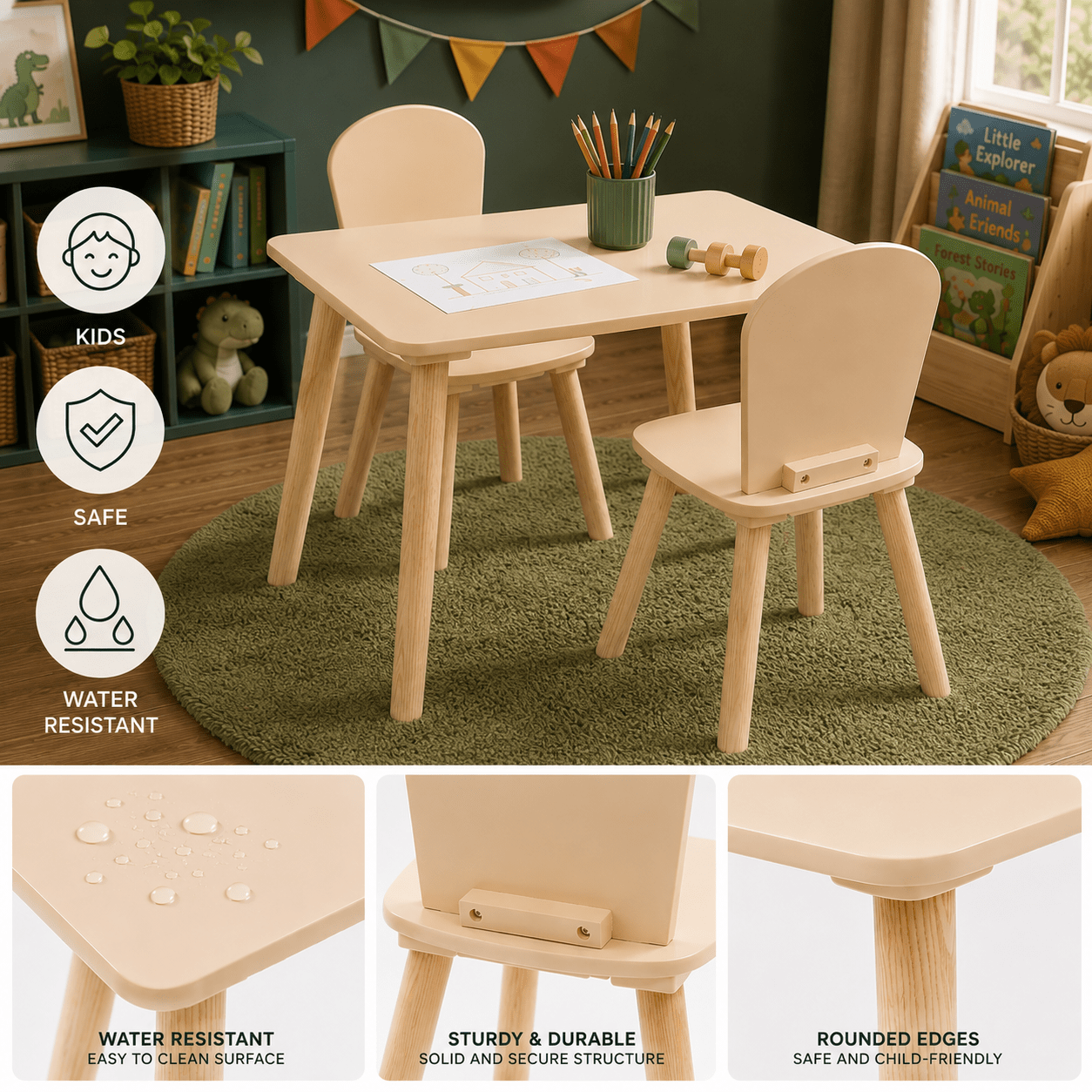 TEMU Ensemble Table et 2 Chaises Enfant Beige – Mobilier 3 Pièces pour Chambre et Salle de Jeux – Table d’Activités en MDF à l’Eau – Pieds – Bords