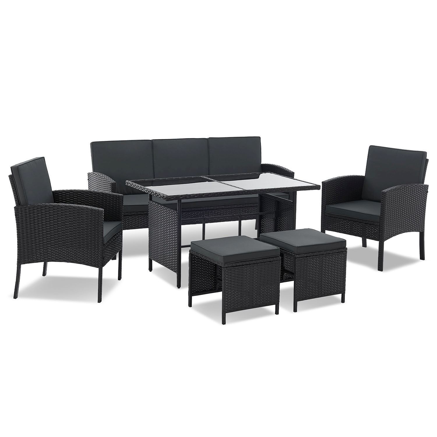 Image of Polyrattan Garden Furniture Turin 6-piece Set For 7 People, Outdoor Furniture With Armchairs, Stool, Table & Cushions, Garden Lounge Furniture