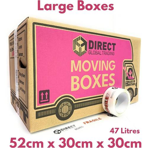 pack of 20 extra large 53 x 53 x 41cm and large 52 x 30 x 30cm cardboard boxes with fragile tape 66m fragile tape xl boxes 115l capacity and large boxes 47l capacity stackable reusable built in carry handles moving boxes storage boxes shipping boxes fast from uk seller
