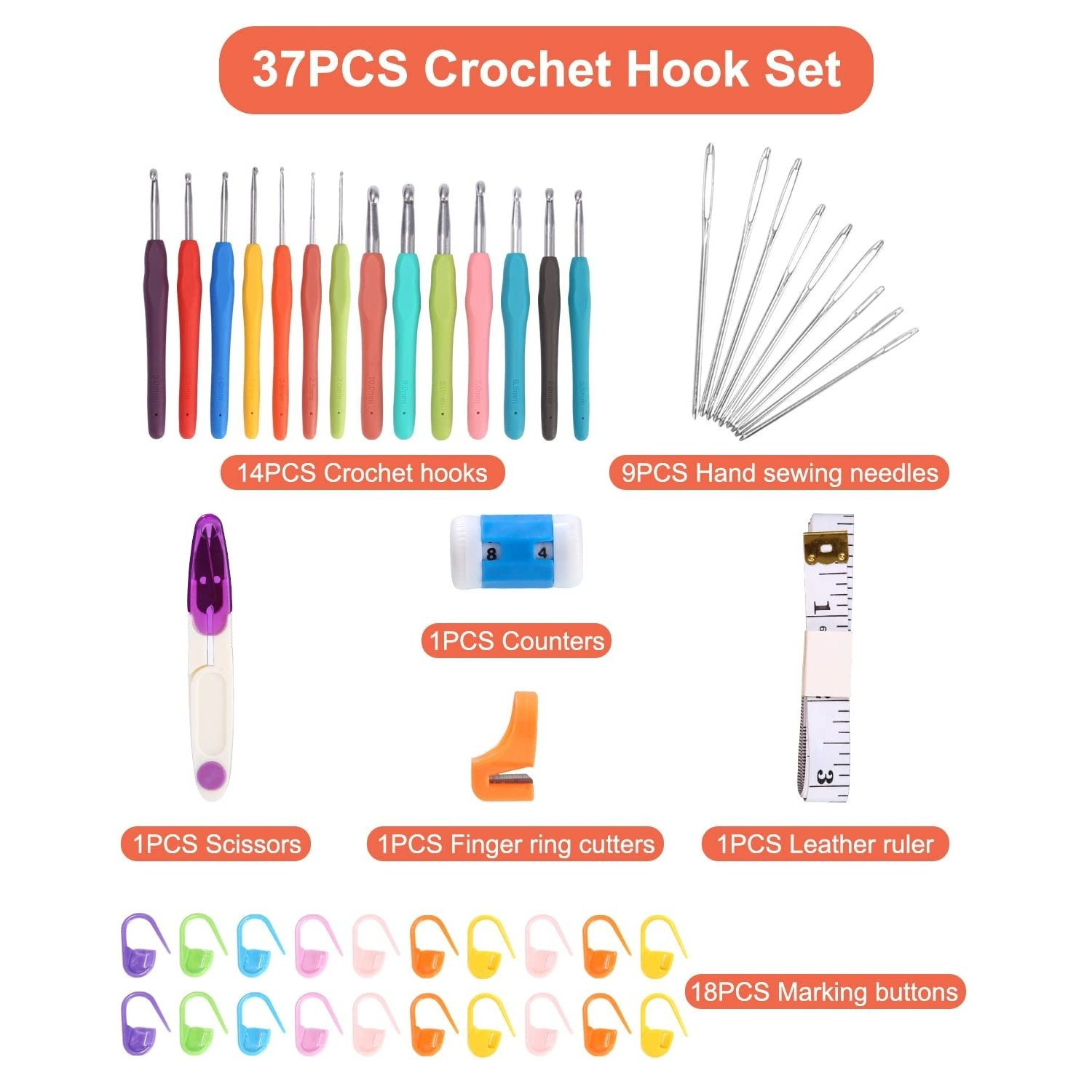 Image of 37-pcs Ergonomic Crochet Hook Set, Color-coded 2.0.0mm Crochet Needles Kit With Blunt Needles Tape Measure Scissors Counter Ring Cutter Zipper Storage Bag For Beginners & Experienced Crafters
