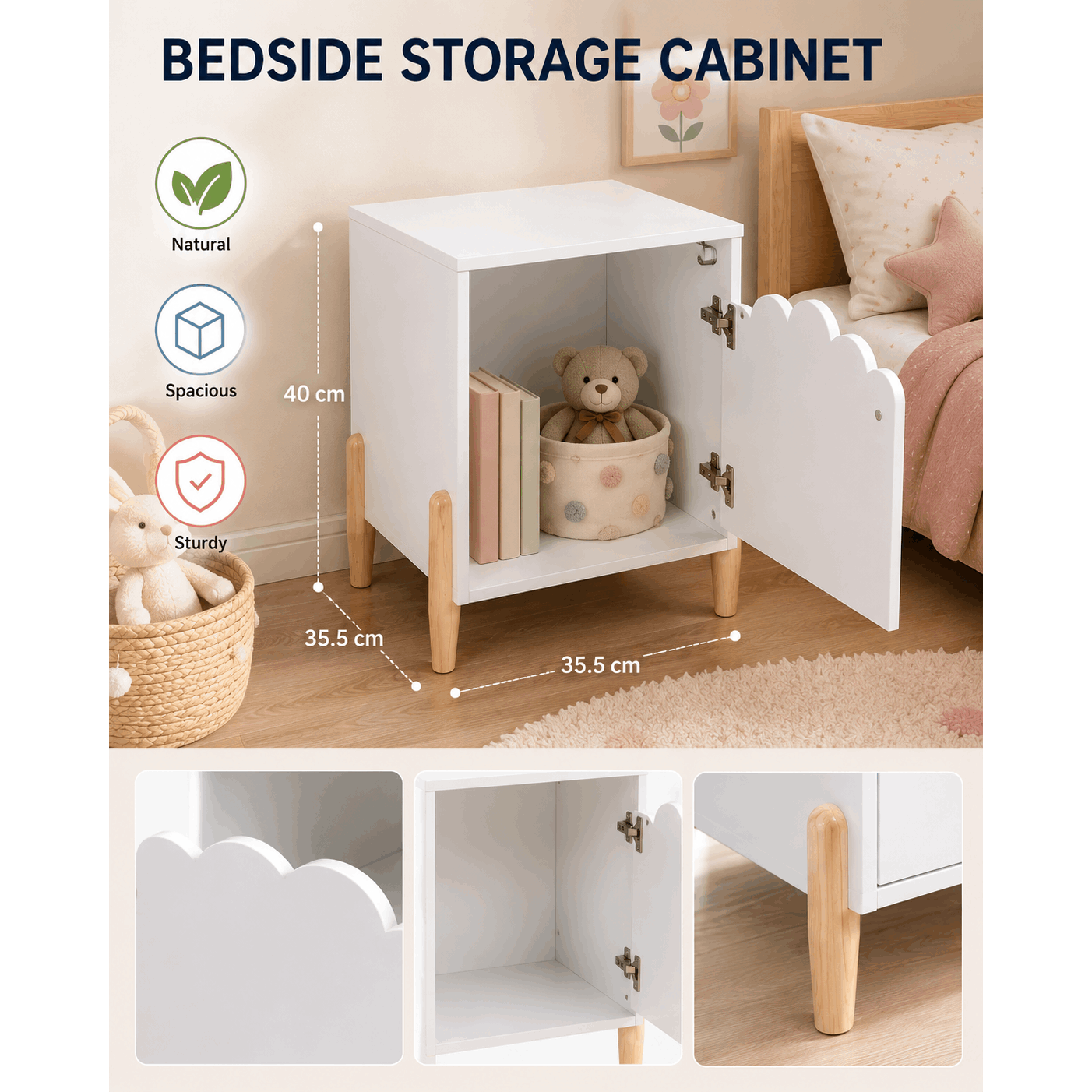 Image of Nightstand For Children Soft White L 35.5 X H 40 Cm, Door, Pine Legs - For Bedroom, Storage Furniture