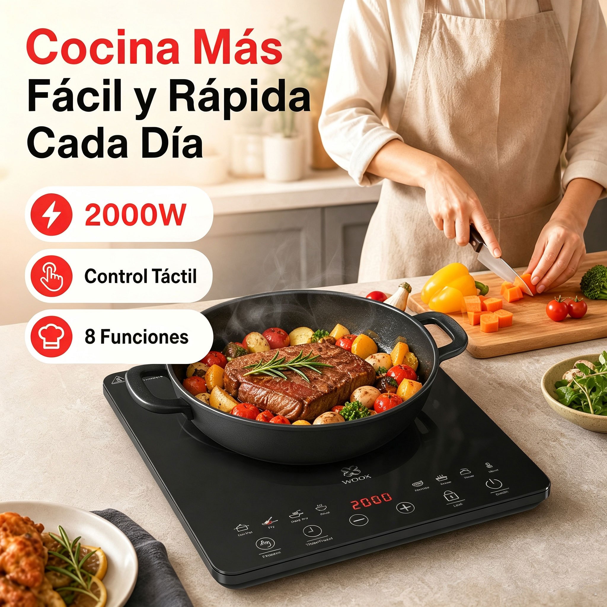 TEMU Placa de inducción 2000W, 8 niveles de potencia y temperatura, panel táctil de vitrocerámica, 8 funciones de cocción, 24 horas preprogramable,