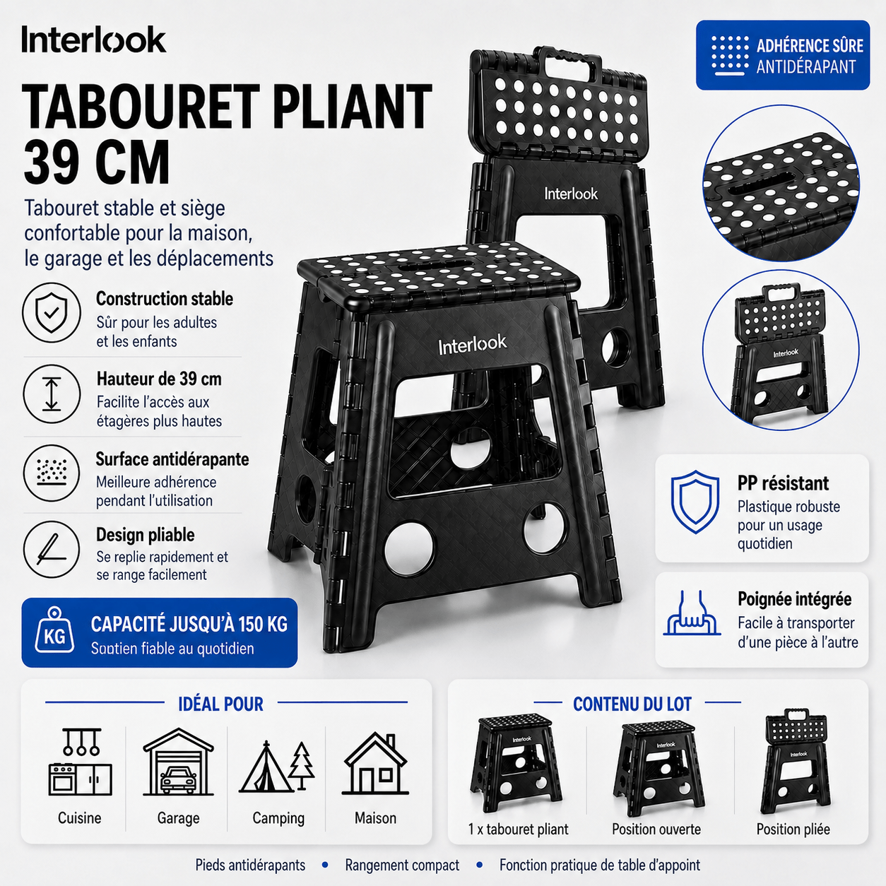 TEMU Tabouret escabeau pliant 39 cm, antidérapant, noir, 150 kg