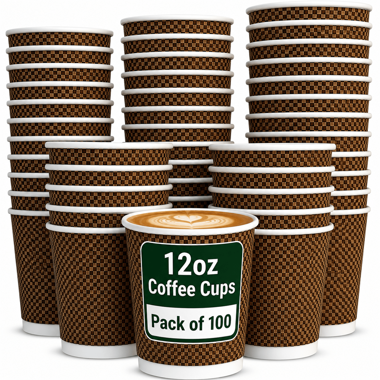 TEMU Pack Of 100 - 12oz Brown Checks Paper Coffee Cups Triple Wall Insulated Hot Drink Cups For Coffee Tea Parties Takeaway Use