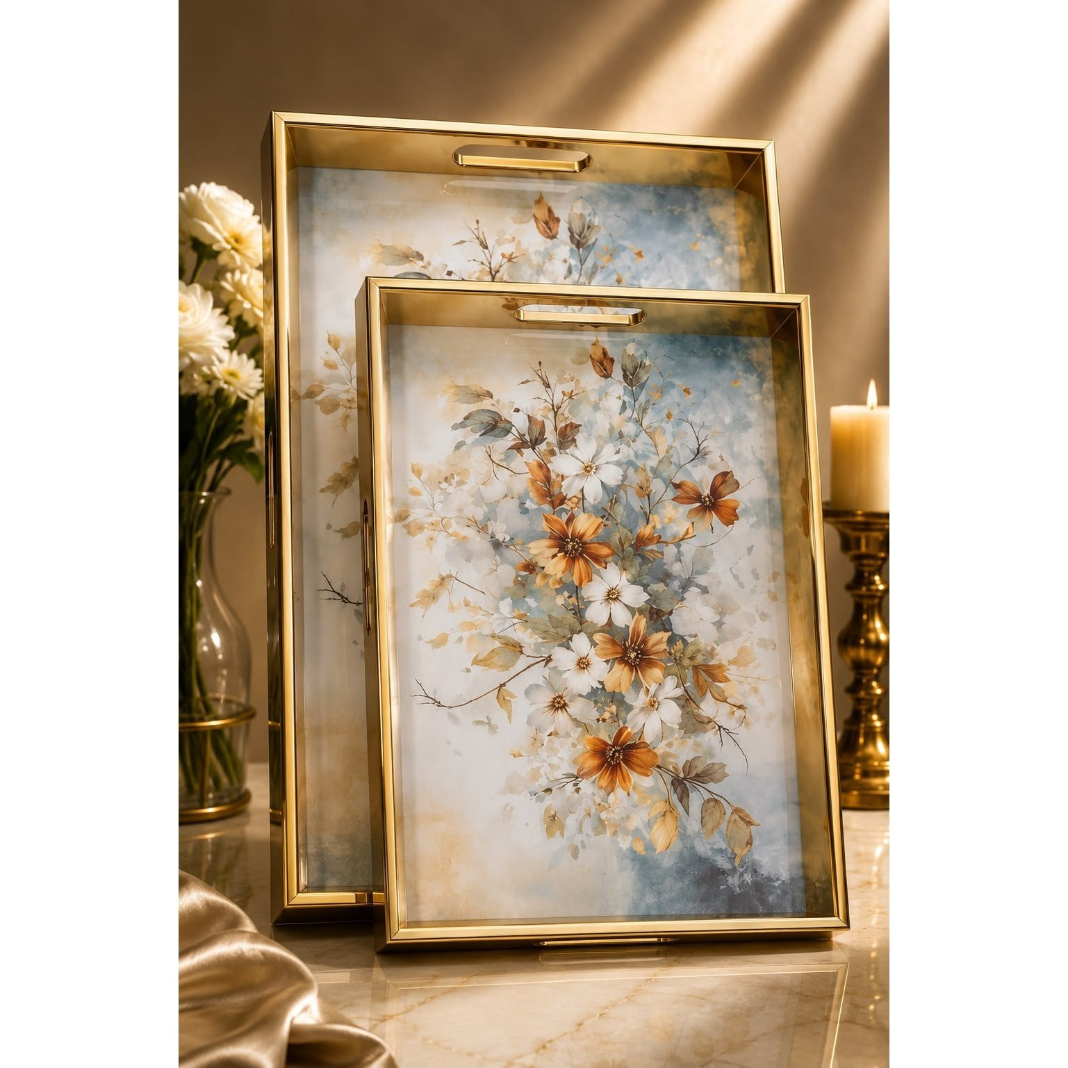 2-Piece Decorative Serving Tray Set with Gold Frame