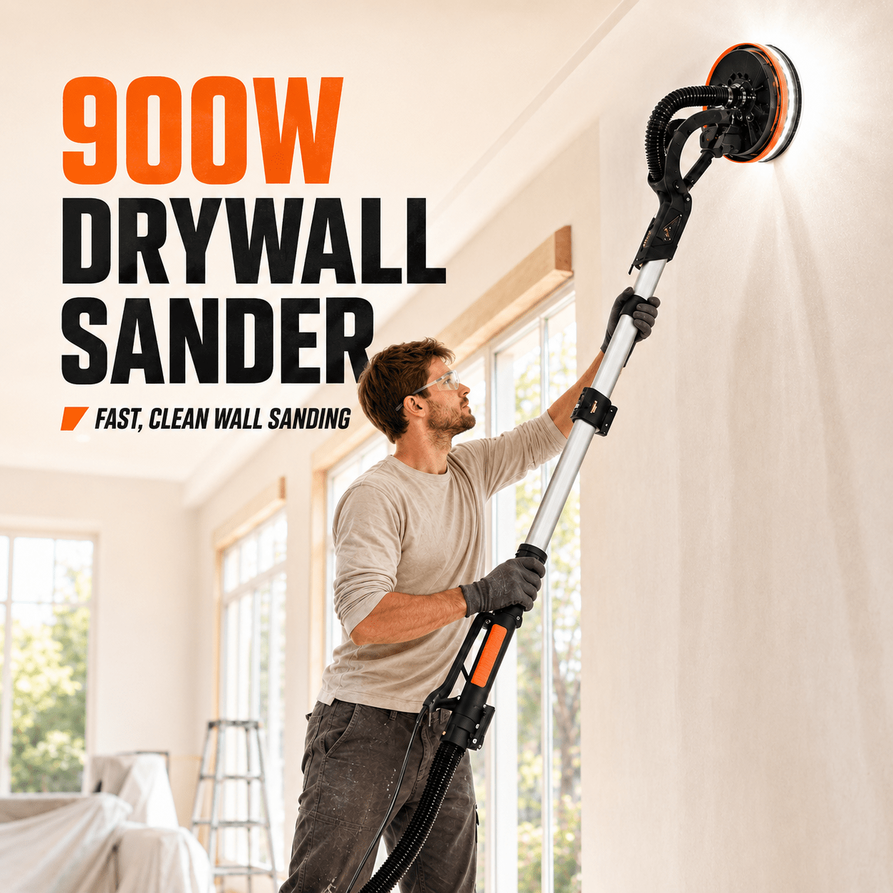 TEMU 900w Drywall Sander With 6-, Extendable Shaft And Spring-locked Head For Easy Ceiling Work, Led Ring And Detachable Brush Edge For Full Corner