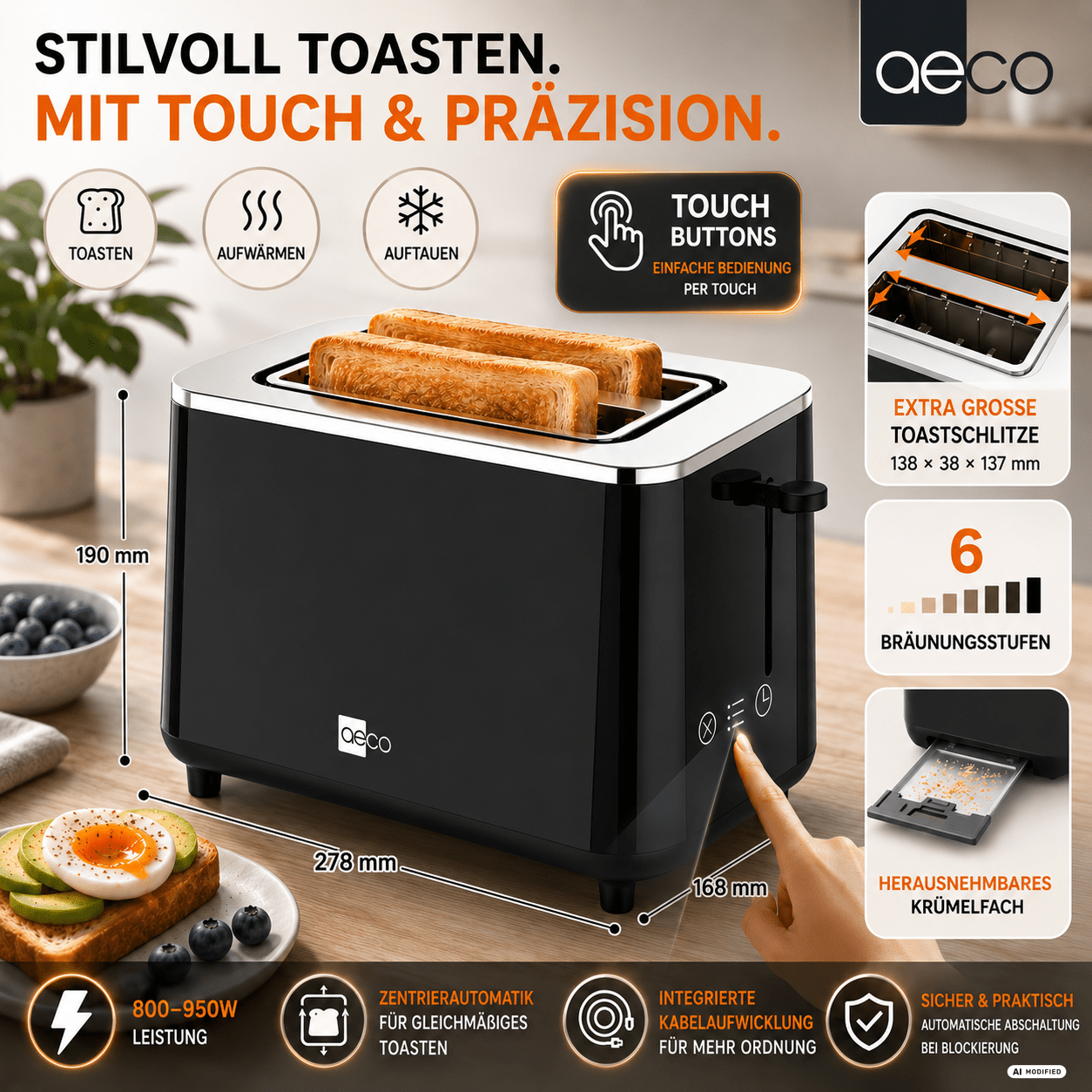 Aeco Toastlab Pro Toaster 2 Slices With Led Touch - Extra Wide Slots, 6 , Bread Centering, & Function, 920w, Lift Function, Crumb Tray, Automatic Shut-off, Black