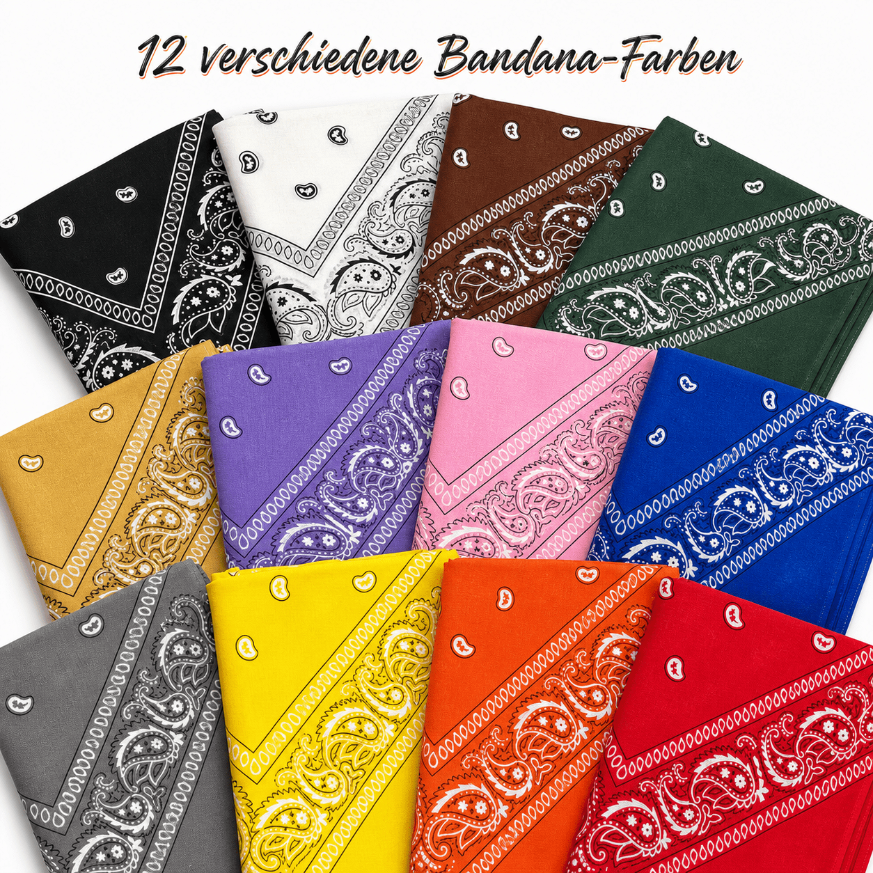 12-piece Set Of 55 X 55 Cm 100% Cotton Bandanas – Paisley Scarves In 12 Colors, Versatile For Head, Hair, Neck, And Armband Wear, Unisex