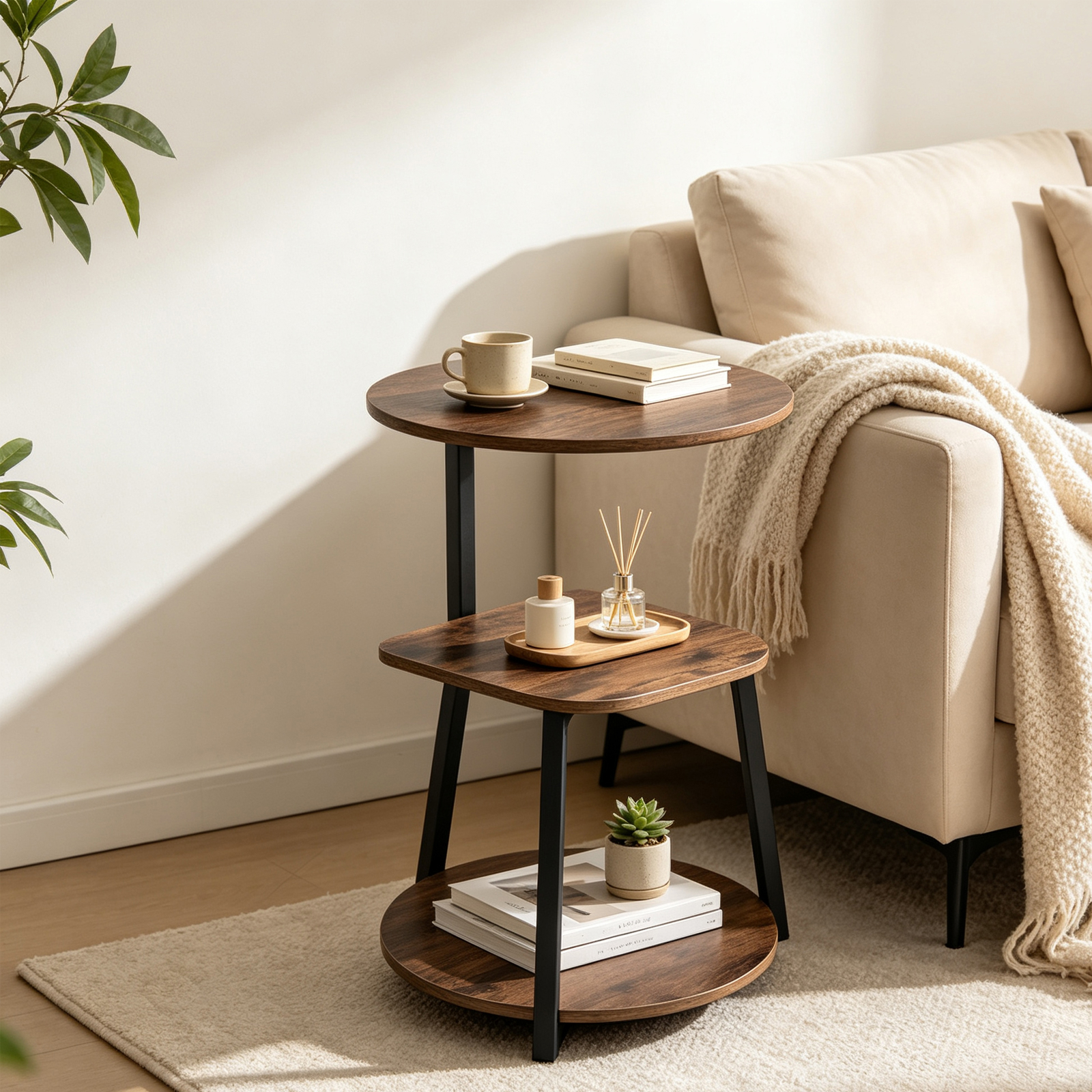 Image of Round Side Table, 3-tier Nightstand With Metal Frame, Wood-effect Shelves And Adjustable Feet For Living Room