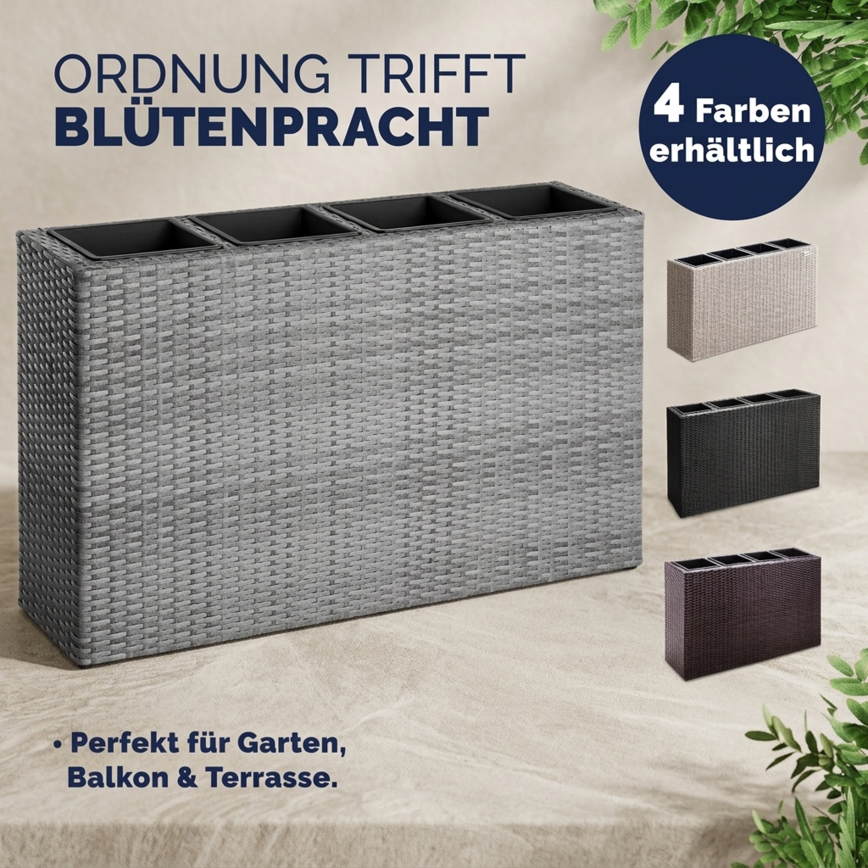 Image of Flower Box With 4 Removable Inner Planters, Polyrattan, 95x27x60cm