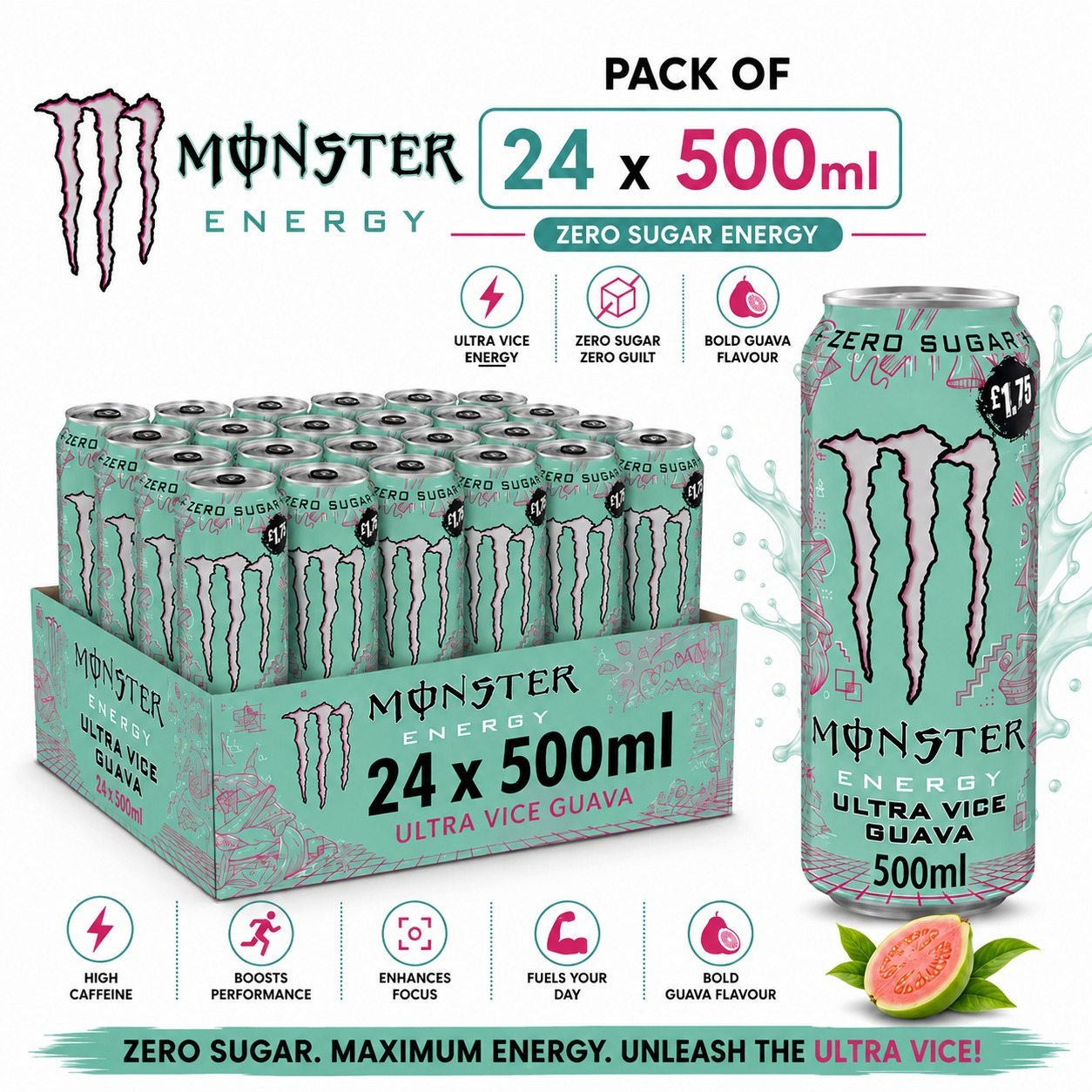 TEMU Monster Energy Ultra Vice Guava Drink Can 24 X 500ml