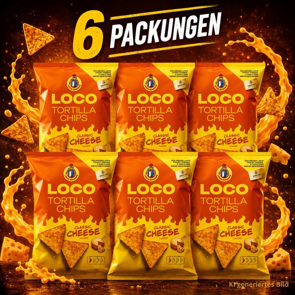 Image of 6x Loco Tortilla Chips Crispy Corn Chips In Luciano Style - 6x 100g Choose Your Variety! There's Classic Cheese, Oriental Spices, American Bbq, Salsa Jalapeno