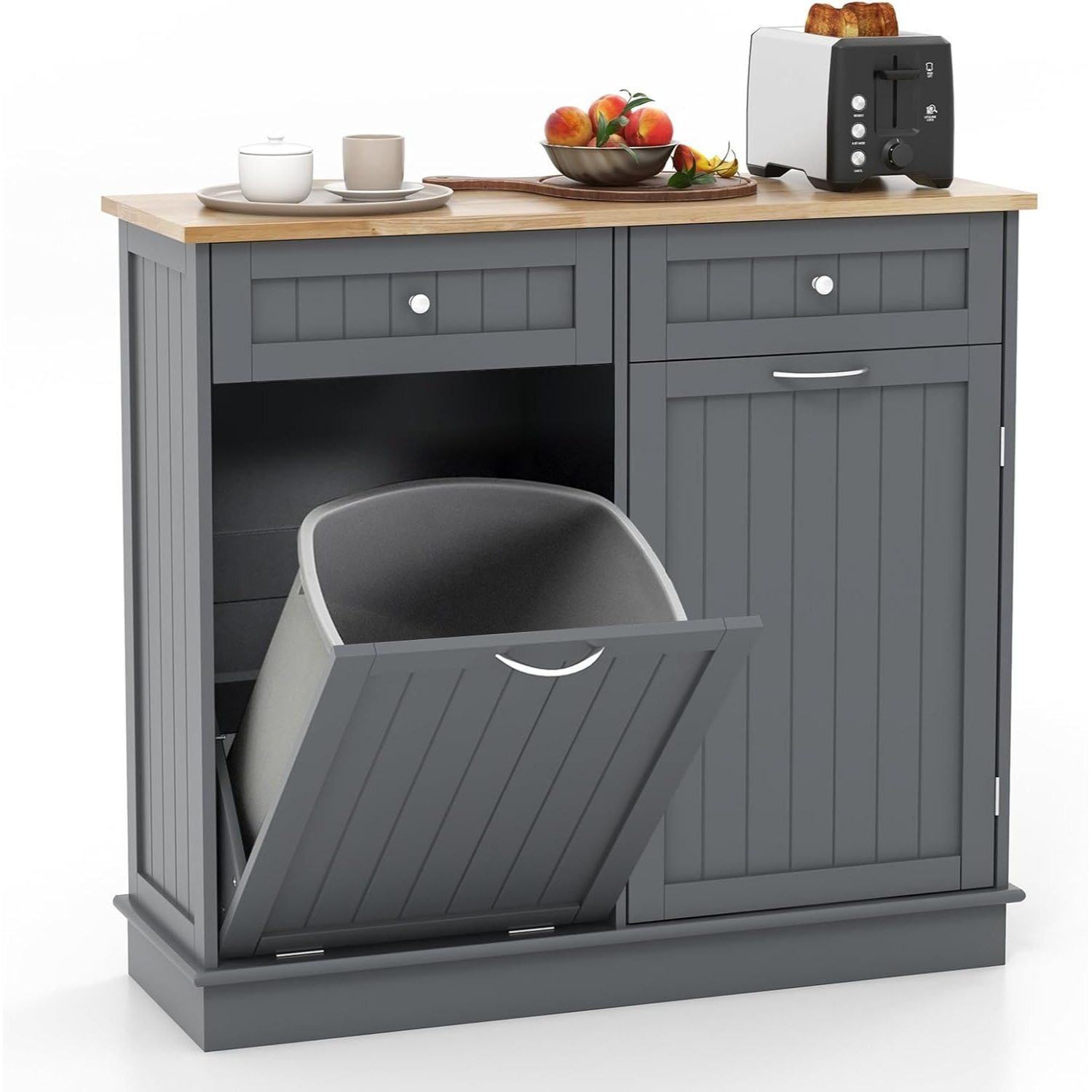 Image of Kitchen Tilt Out Trash Cabinet, 11 Gallon Trash Can Cabinet, Rubber Wood Tabletop, 2 Drawers And Adjustable Shelf