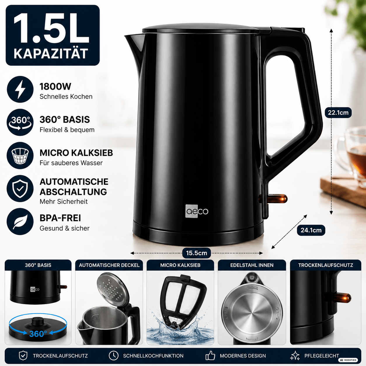 Aqa Water Kettle Stainless Steel Tea Maker Electric Kettle Tea Maker Boiler | 1.5 , Bpa-free, Lime Filter, Wireless, Double Wall, Stylish Modern Black