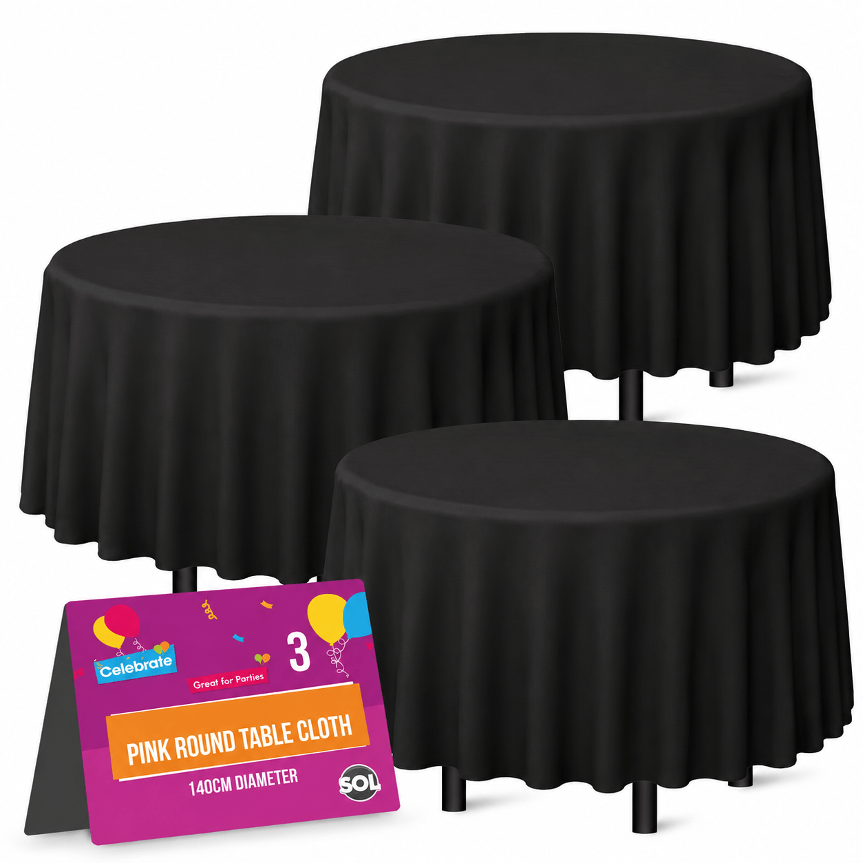 TEMU 3 Pack Black Table Cloth | 140cm 55 Inch Round Table Cloths | 25 Micron Plastic Table Covers | Black Round Tablecloth For Birthday, Halloween,